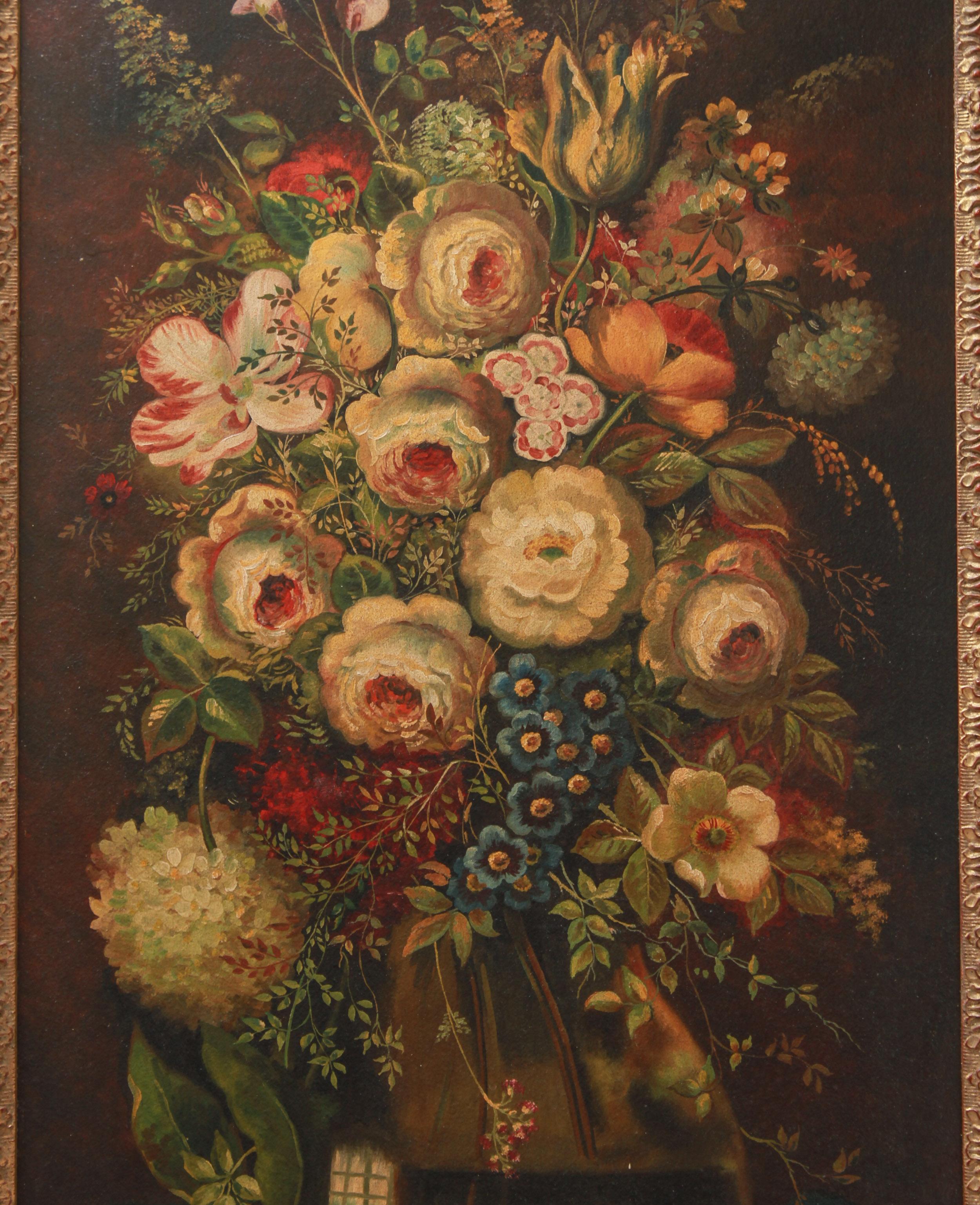 European Continental Floral Bouquet Still Life Oil on Board Paintings