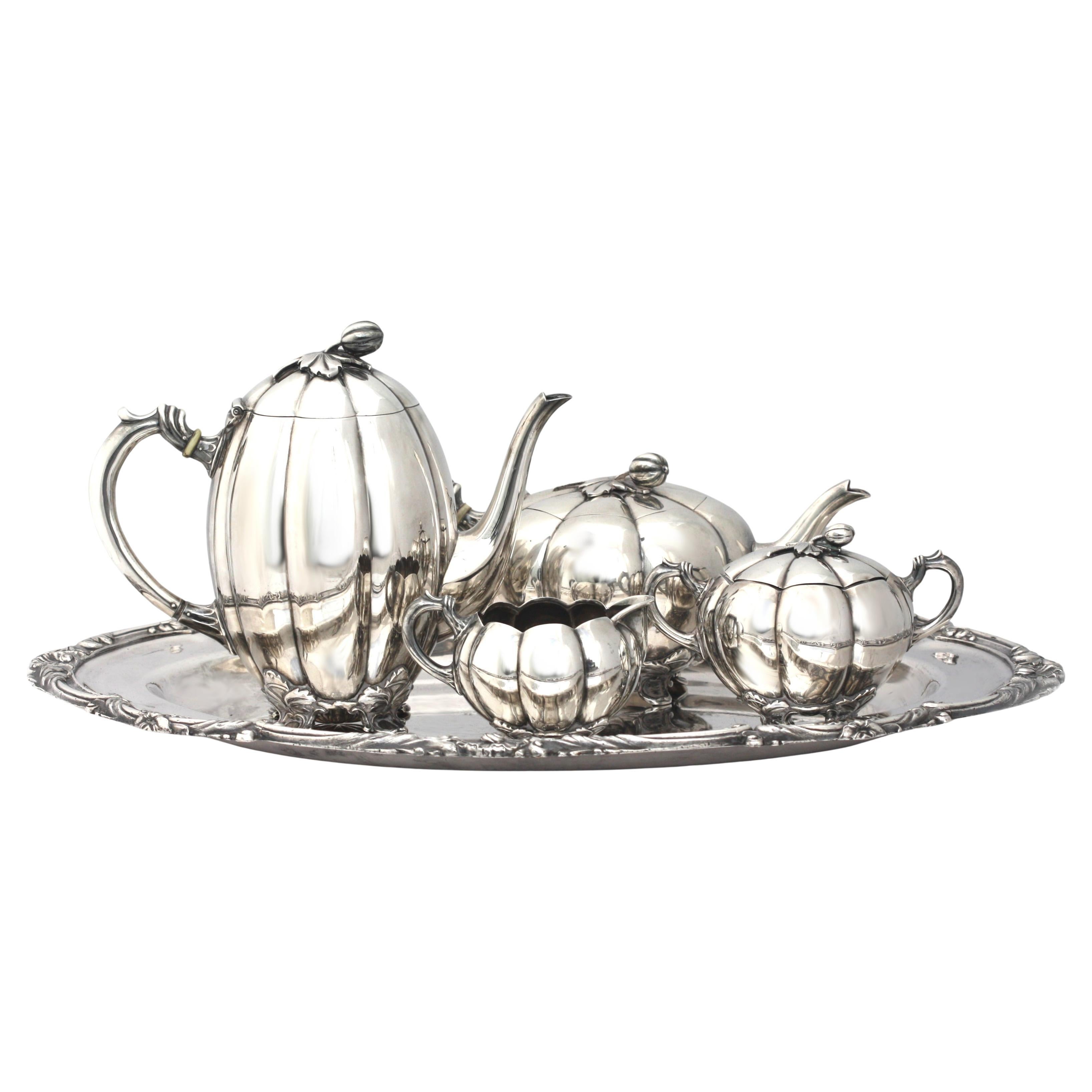 Continental Four-Piece Silver Tea and Coffee Service, Silver Plate Tray For Sale