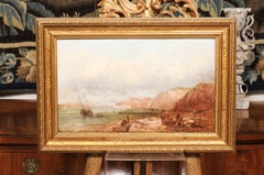 Continental Framed Giltwood Oil on Canvas Landscape Painting of Seaside