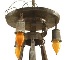 Continental Arts & Crafts Hammered Metal and Slag Glass Chandelier
