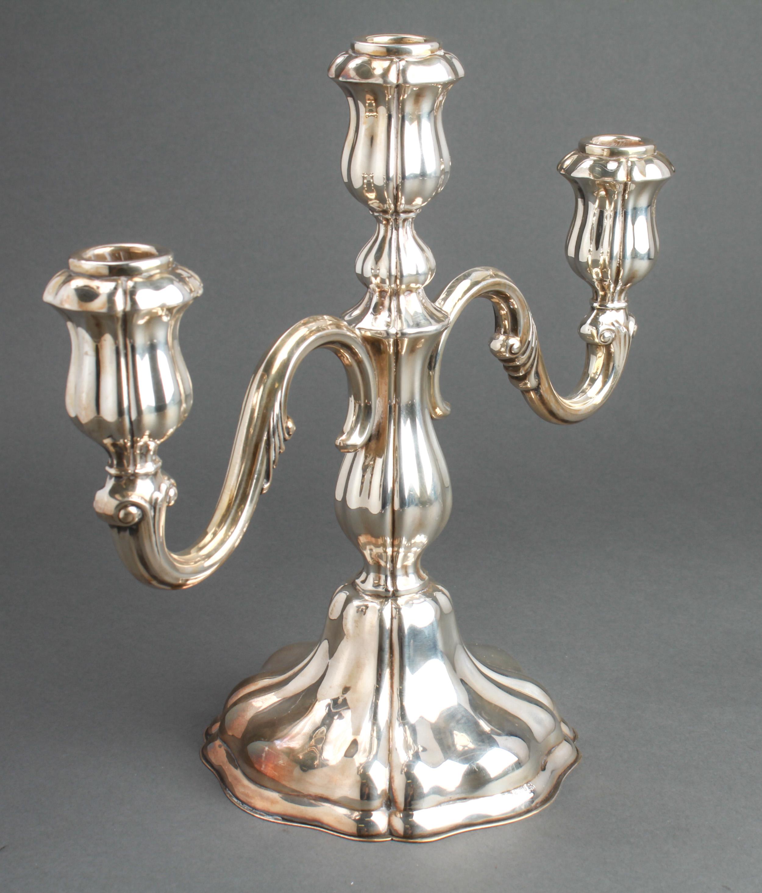 Continental silver three candleholder candelabra with a German hallmark and marked 
