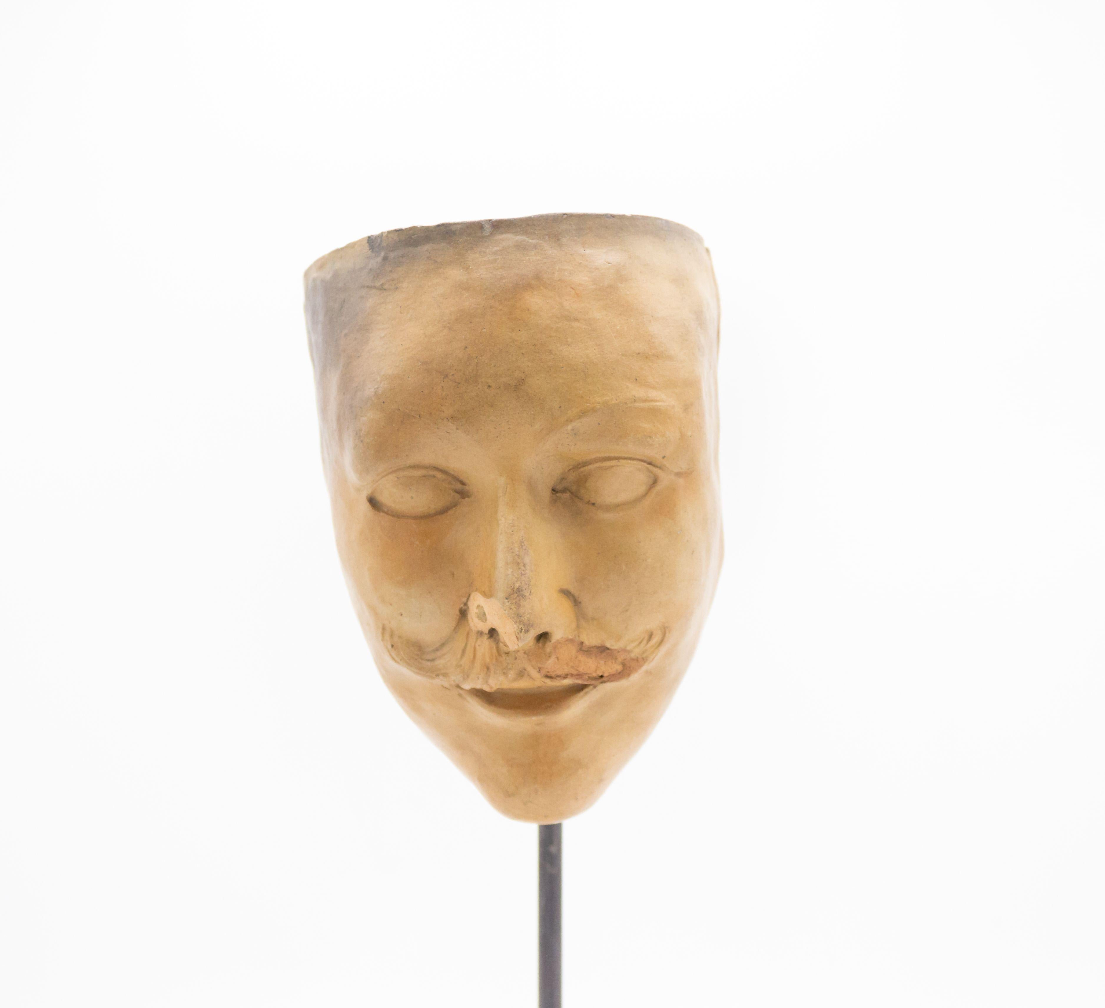 Continental German (late 19th Cent) sculpted terra-cotta master mask mold bust of a male face with a mustach and initials 