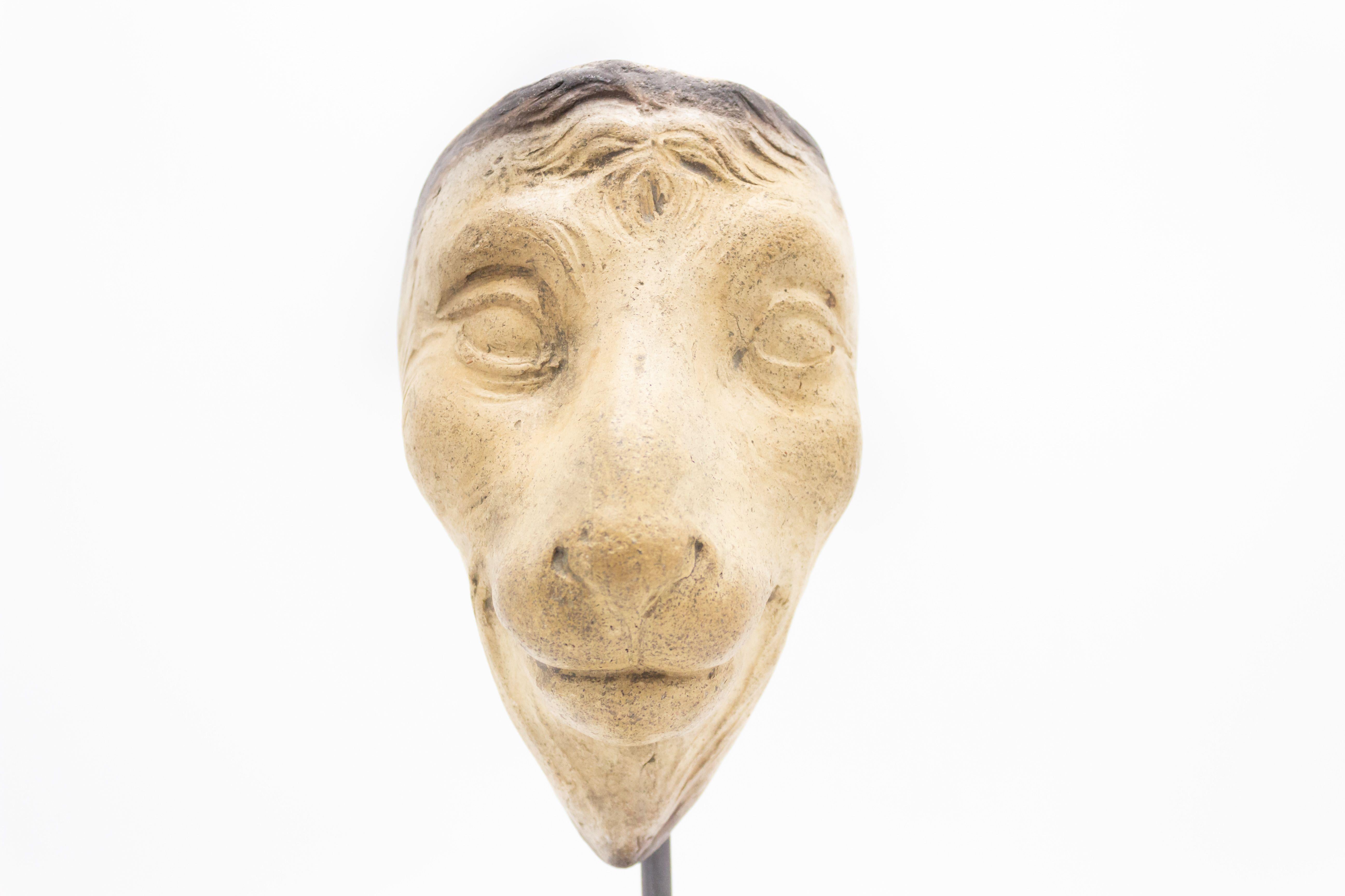 Continental German (late 19th Cent) sculpted terra-cotta master mask mold of an animal face with goatee displayed on a square black marble base stand (part of a collection).
 