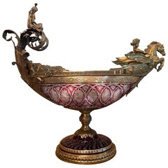 Continental Gilt Bronze and Cut Ruby Glass Navette-Form Centerpiece