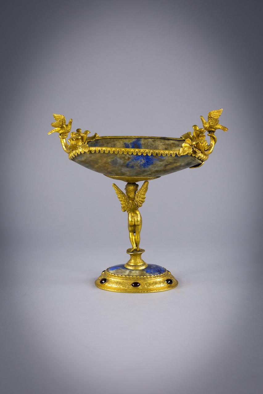 Continental gilt bronze mounted and Lapis figural compote, circa 1880.