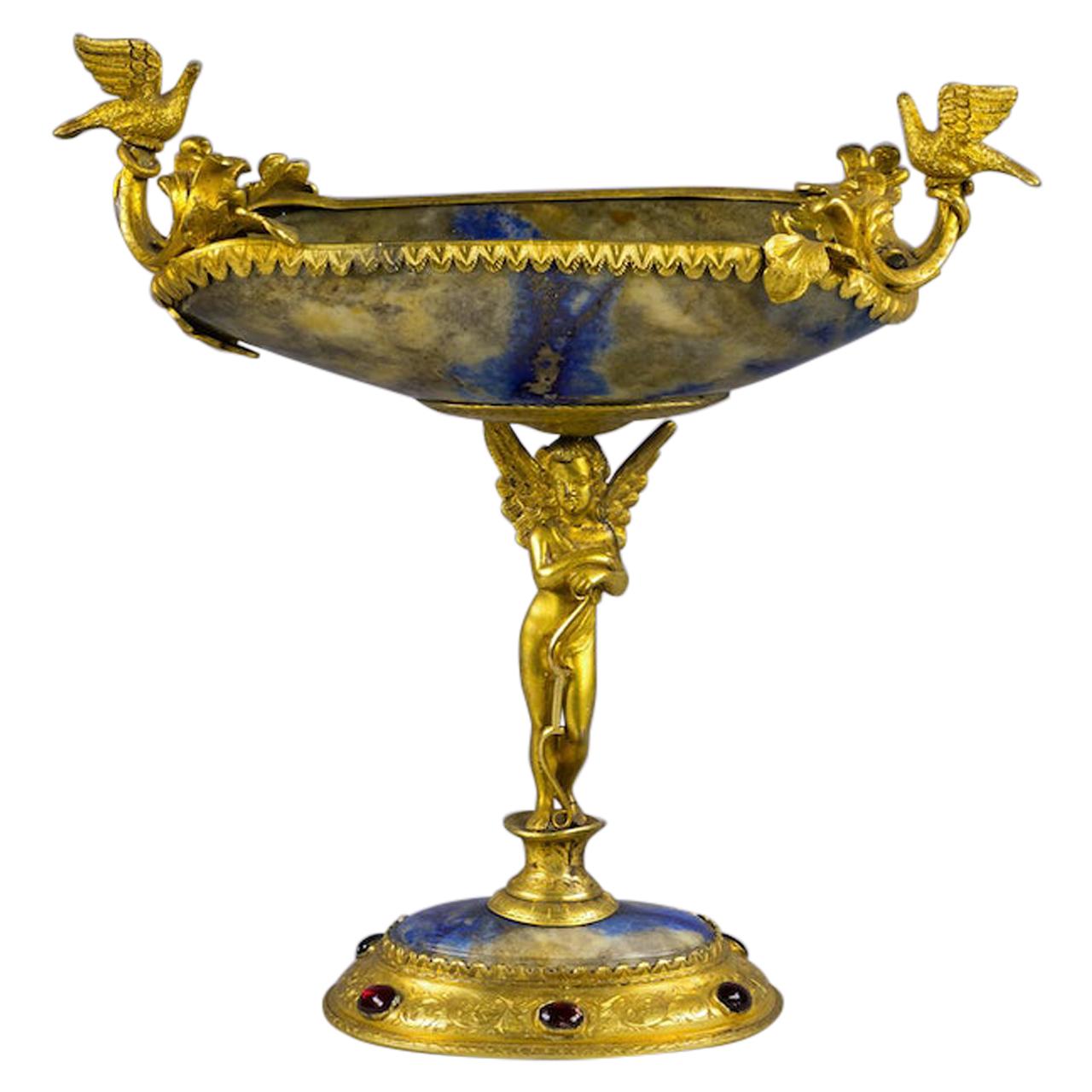 Continental Gilt Bronze Mounted and Lapis Figural Compote, circa 1880 For Sale