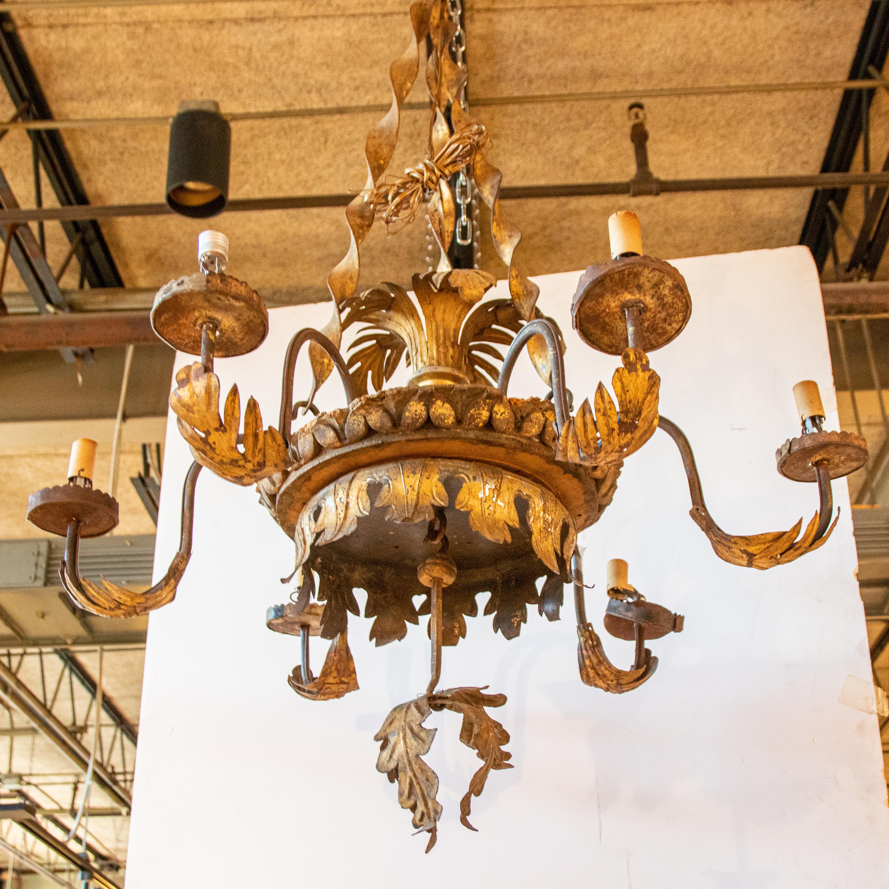 Gilded metal Continental style chandelier adorned with acanthus leaves throughout as seen on the arms of the chandelier. The canopy of the chandelier also uses acanthus leaves as decorative trim and a pendant finial suspended down the center. The