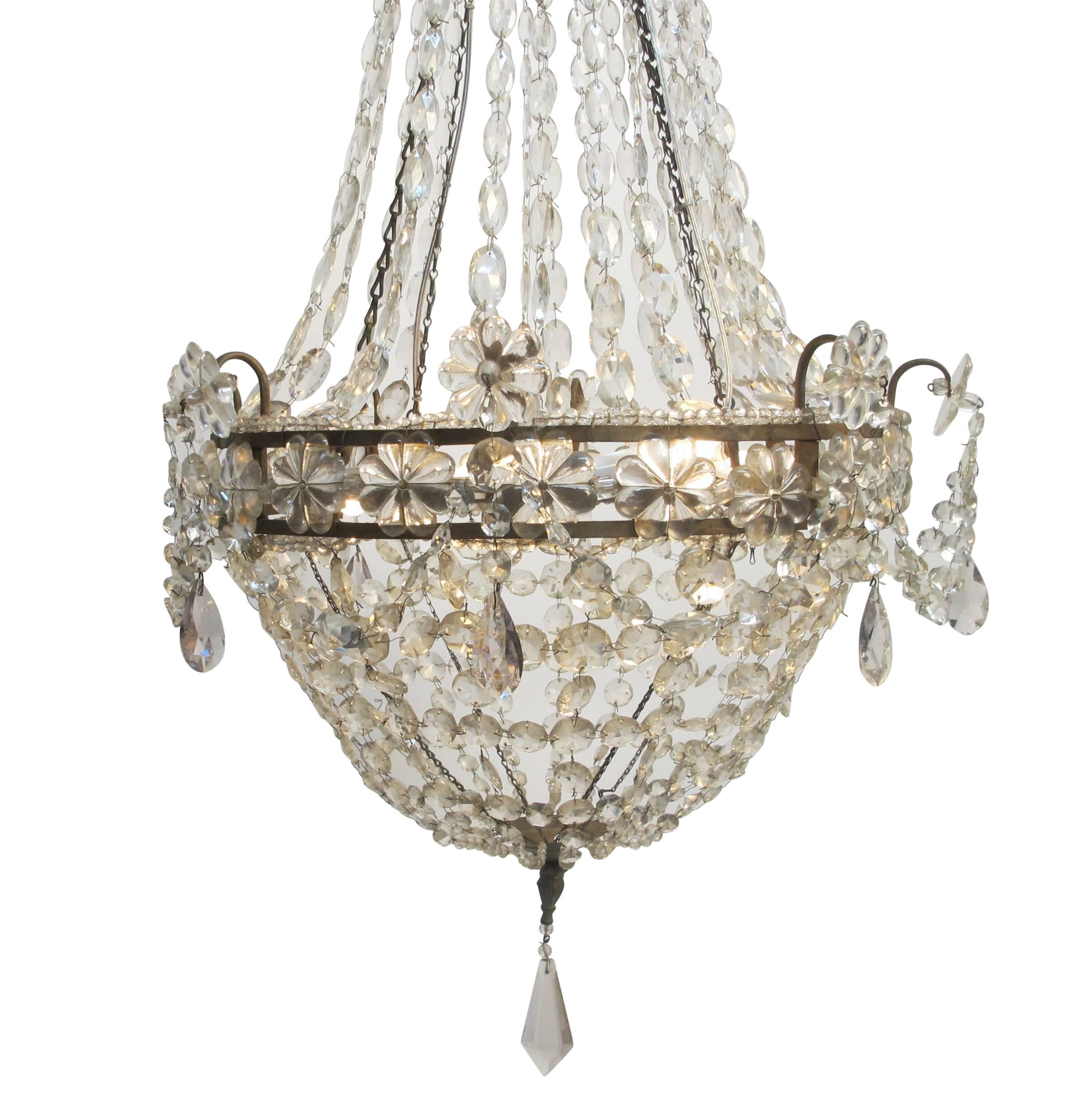 European Continental Gilt Iron and Faceted Crystal Chandelier