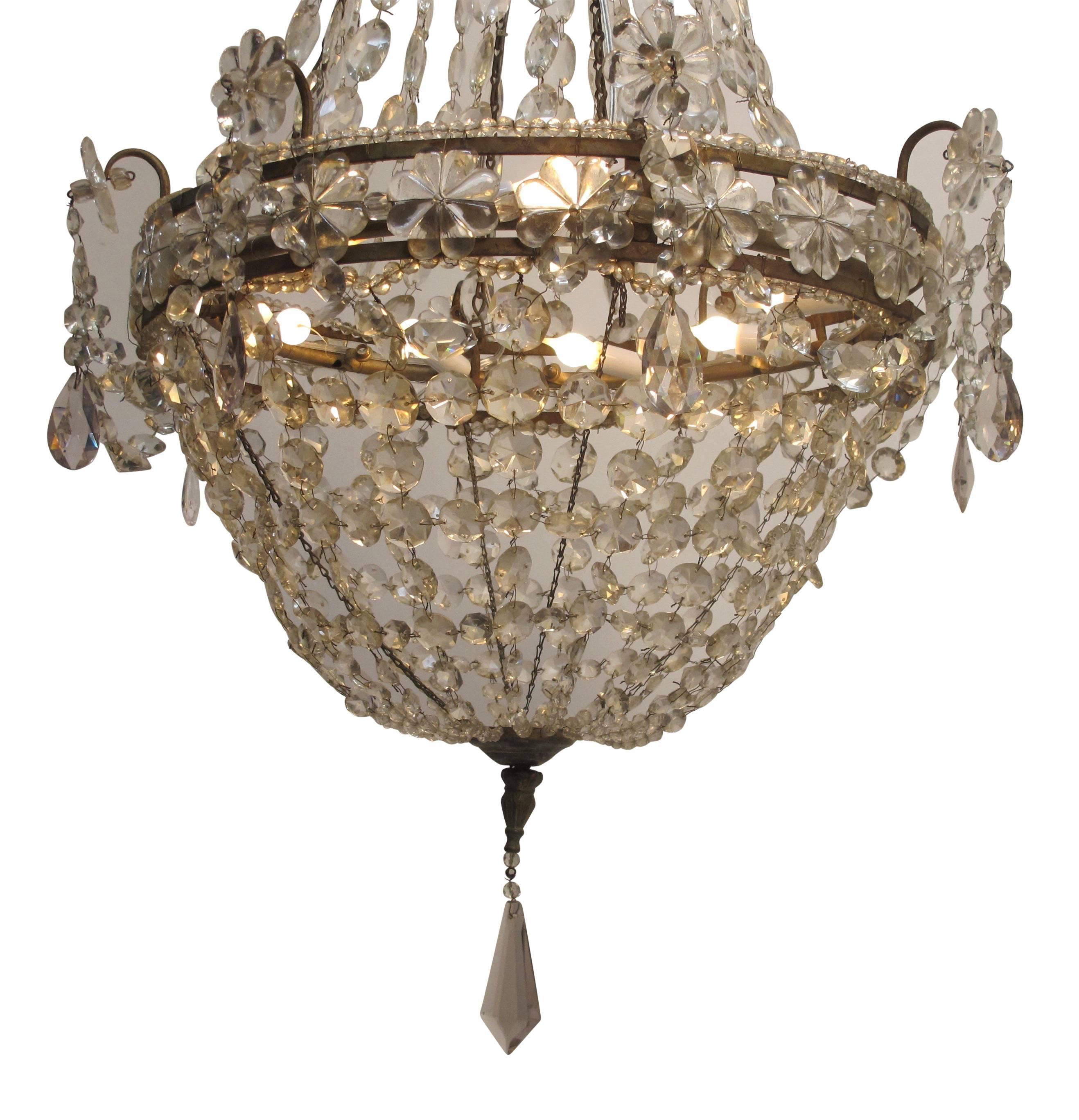 Continental Gilt Iron and Faceted Crystal Chandelier In Excellent Condition In San Francisco, CA