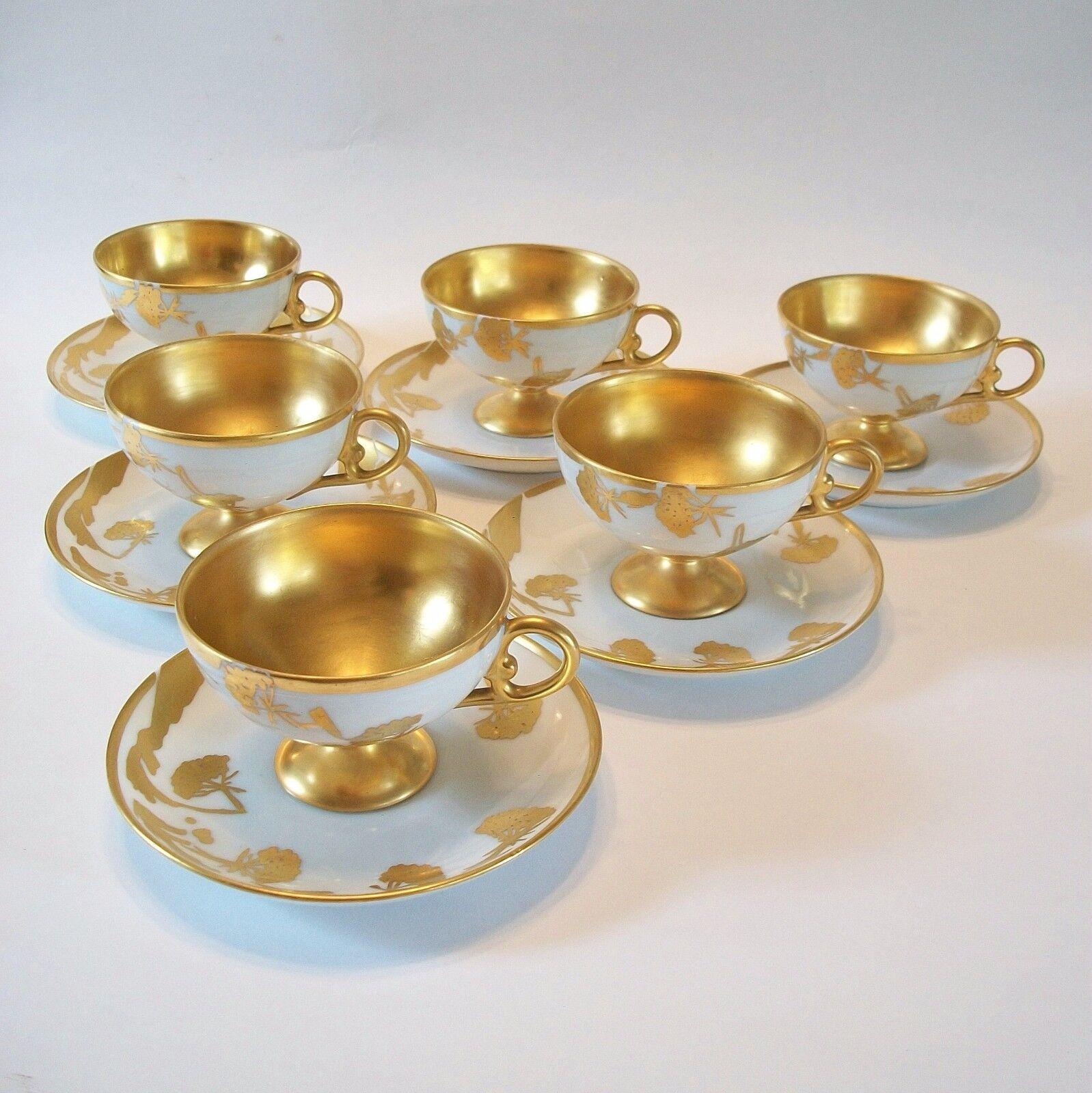 Art Nouveau Continental Gilt Porcelain Cups & Saucers, Hand Painted, Signed, 20th Century