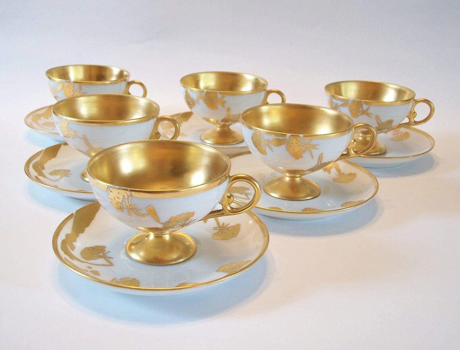 European Continental Gilt Porcelain Cups & Saucers, Hand Painted, Signed, 20th Century