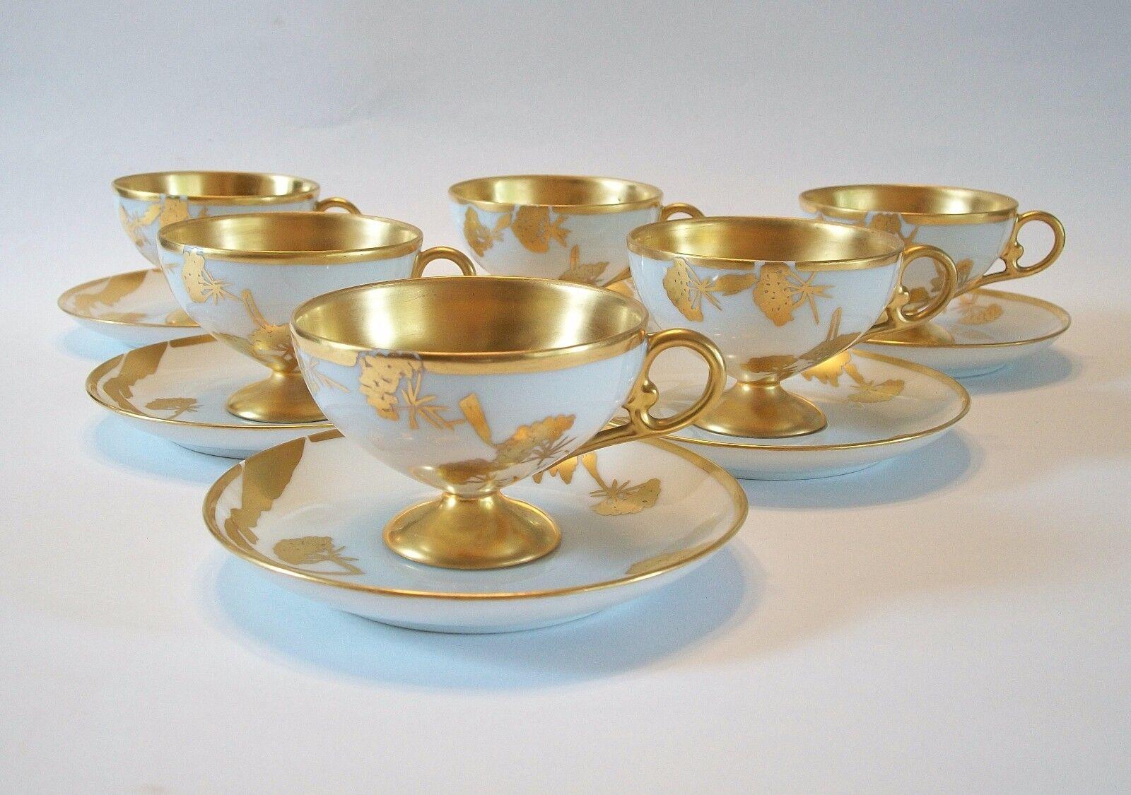 Hand-Crafted Continental Gilt Porcelain Cups & Saucers, Hand Painted, Signed, 20th Century