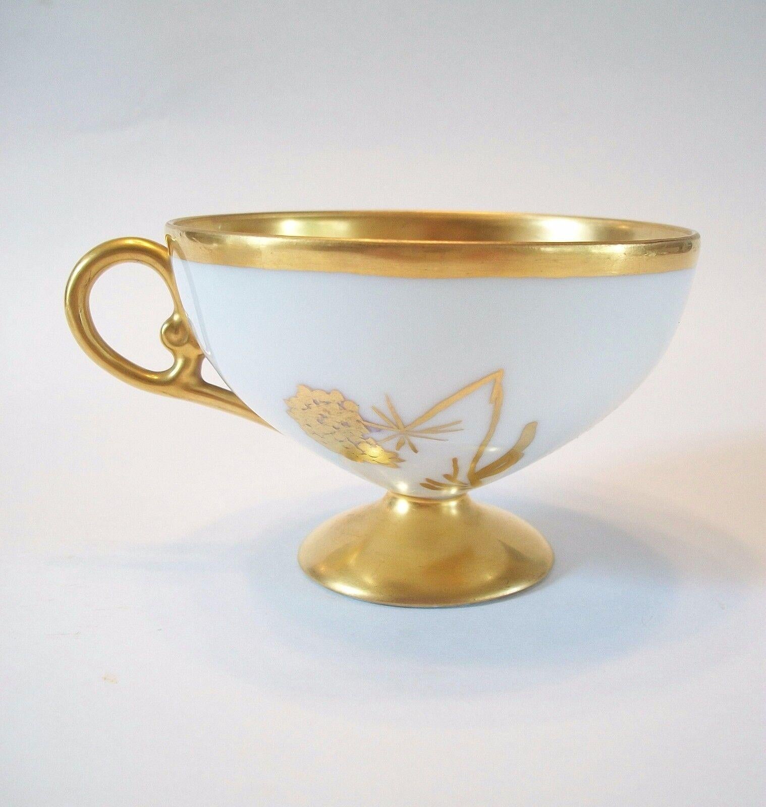 Continental Gilt Porcelain Cups & Saucers, Hand Painted, Signed, 20th Century 1