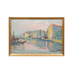 Continental Giltwood Framed Oil on Board Coastal Painting ca. 1940, Signed