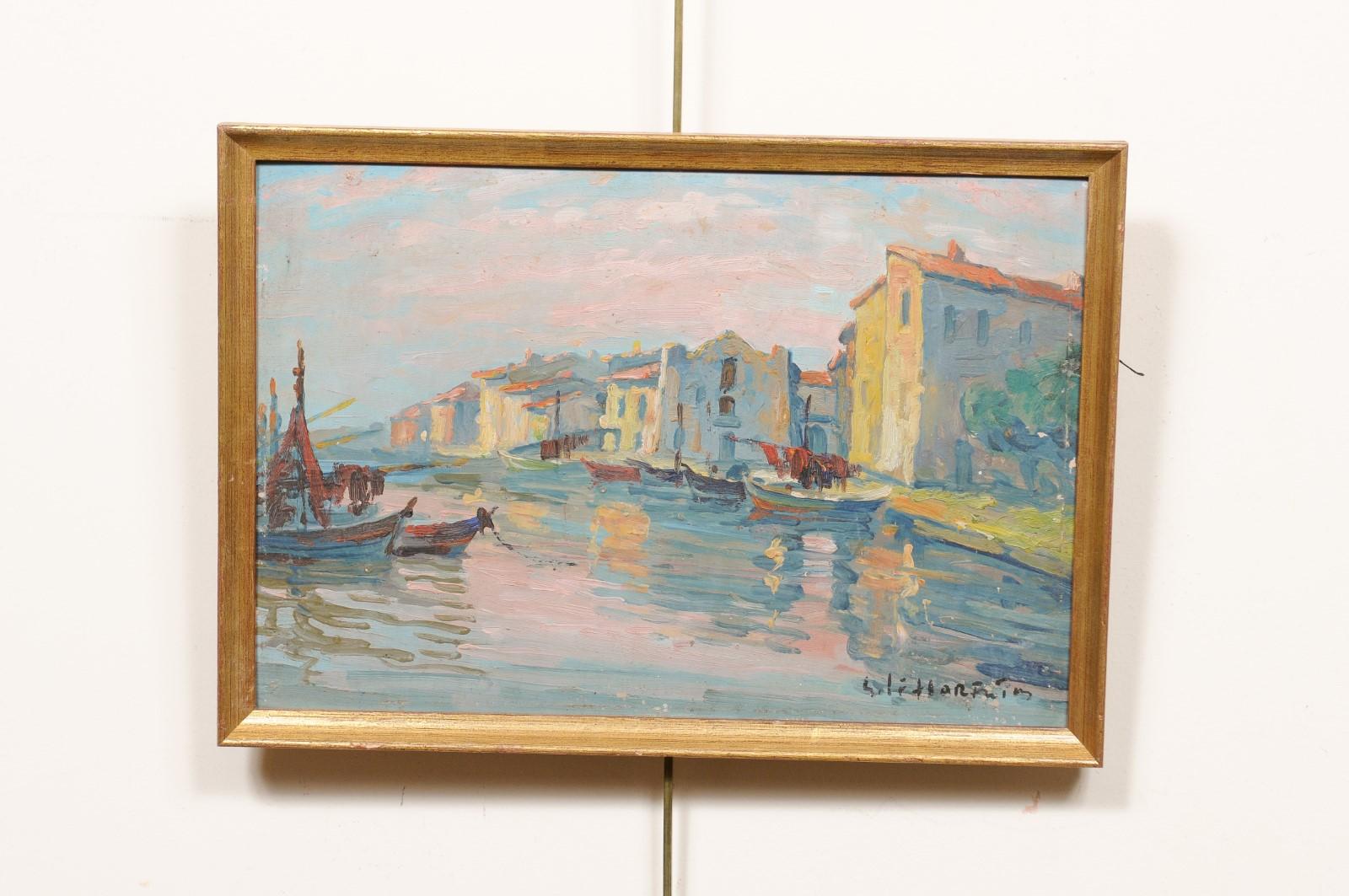 Continental Giltwood Framed Oil on Board Coastal Painting ca. 1940, Signed In Good Condition For Sale In Atlanta, GA
