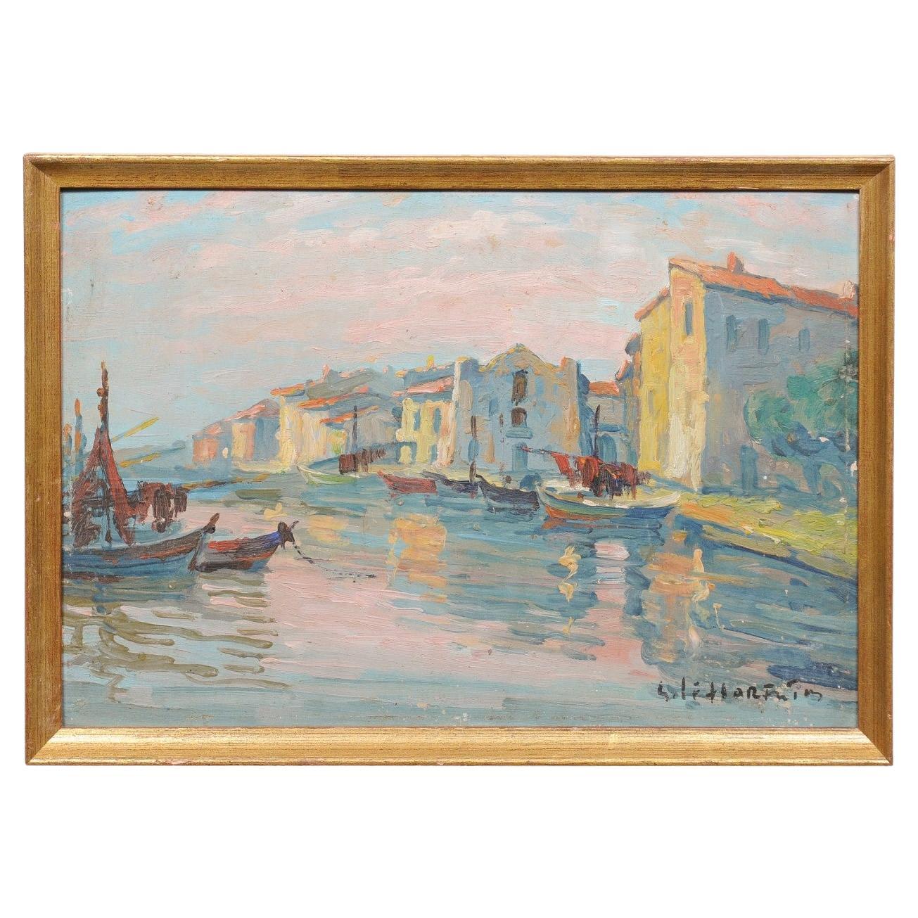 Continental Giltwood Framed Oil on Board Coastal Painting ca. 1940, Signed For Sale