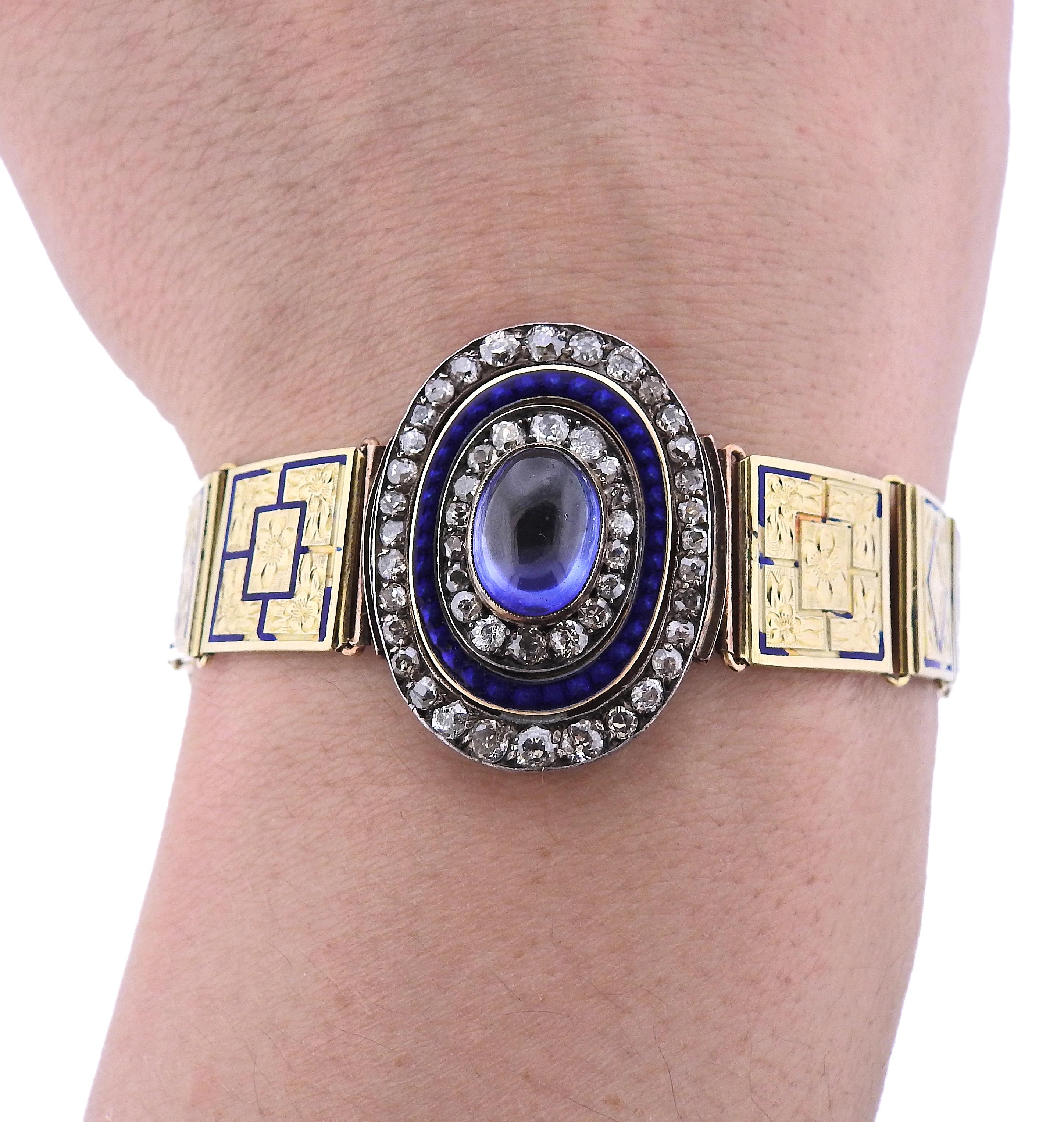 Women's Continental Gold Diamond Enamel Bracelet For Sale