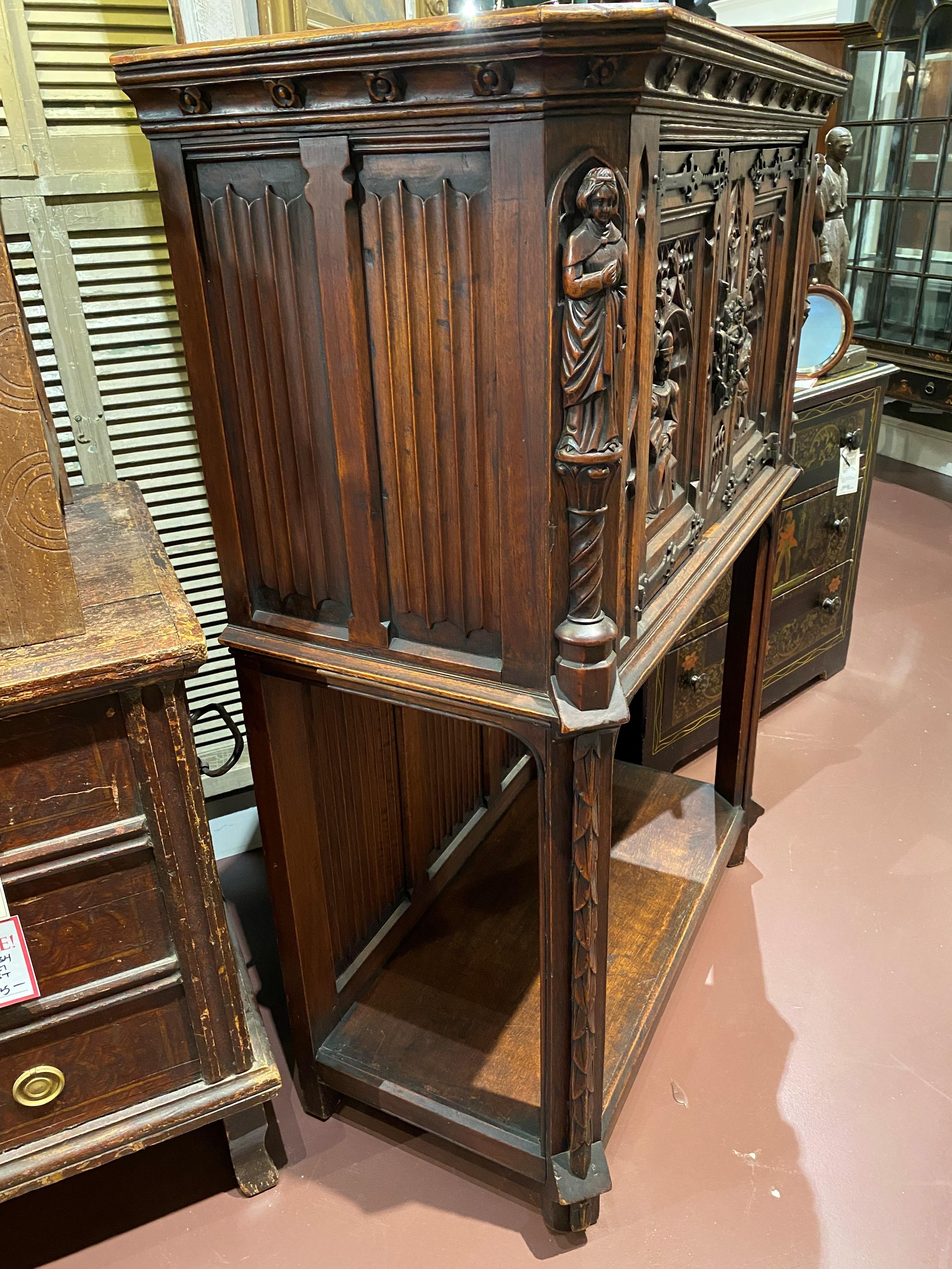 Continental Gothic Style Two-Door Cupboard or Altar with Figural Carving In Good Condition In Milford, NH