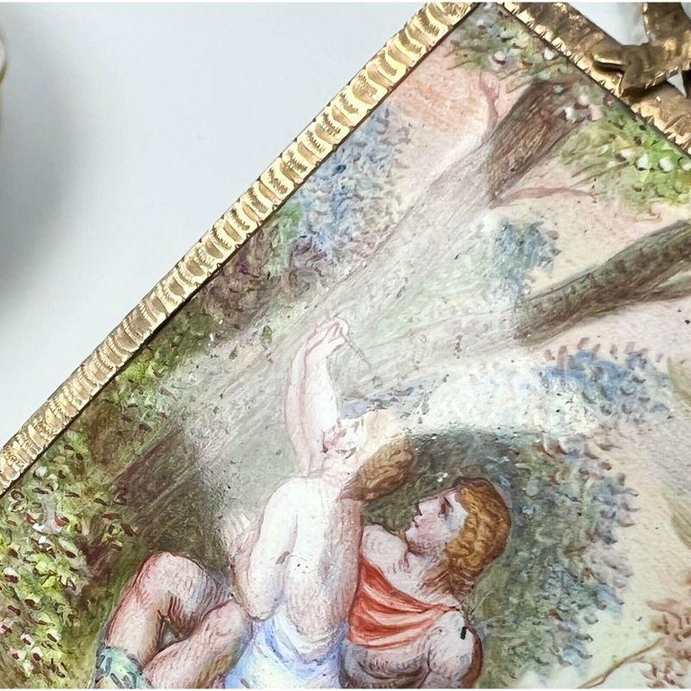 Continental Hand Painted Enamel Plaque in 14k Gold Pendant Frame, C