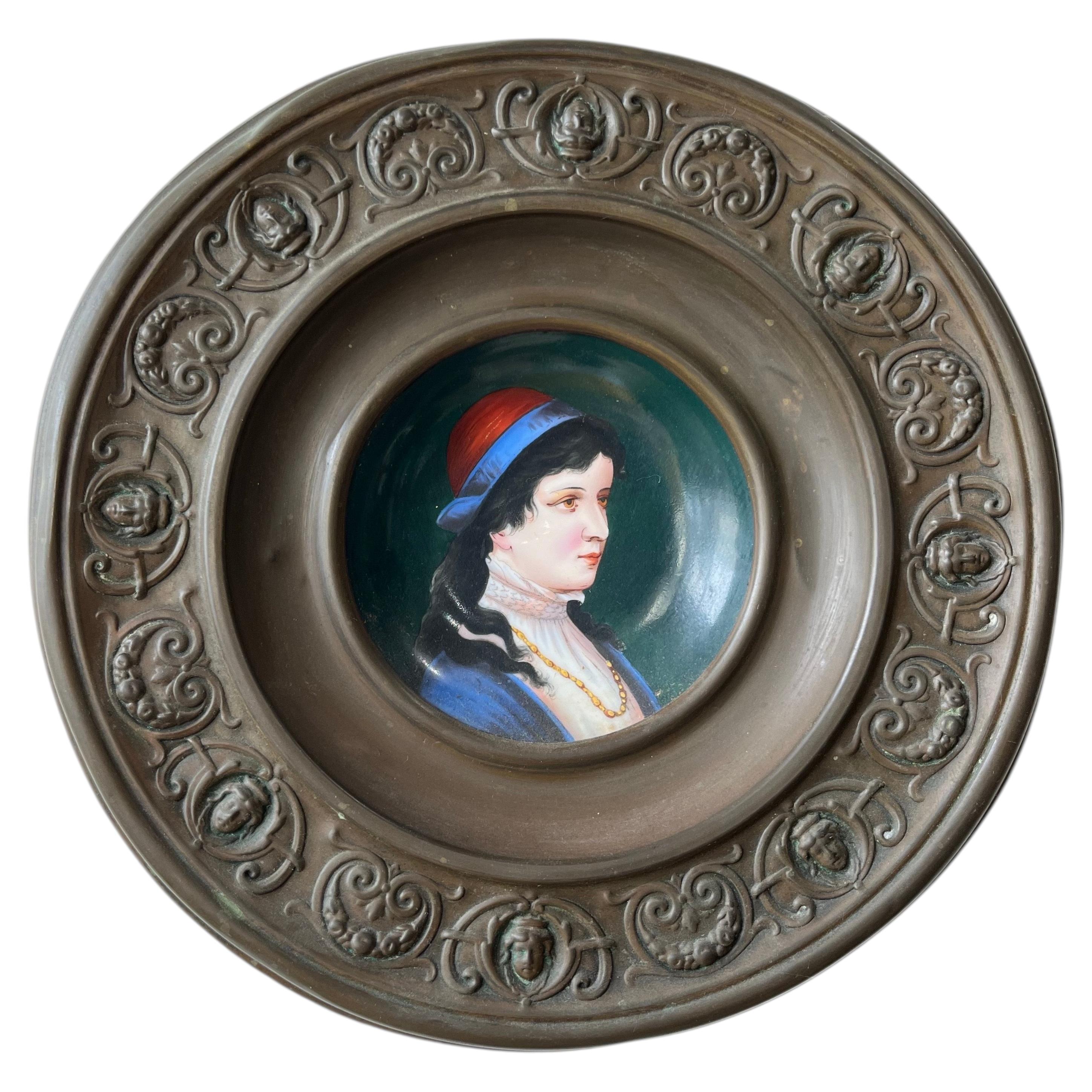Continental Hand-Painted Porcelain Portrait in Renaissance Revival Bronze Frame
