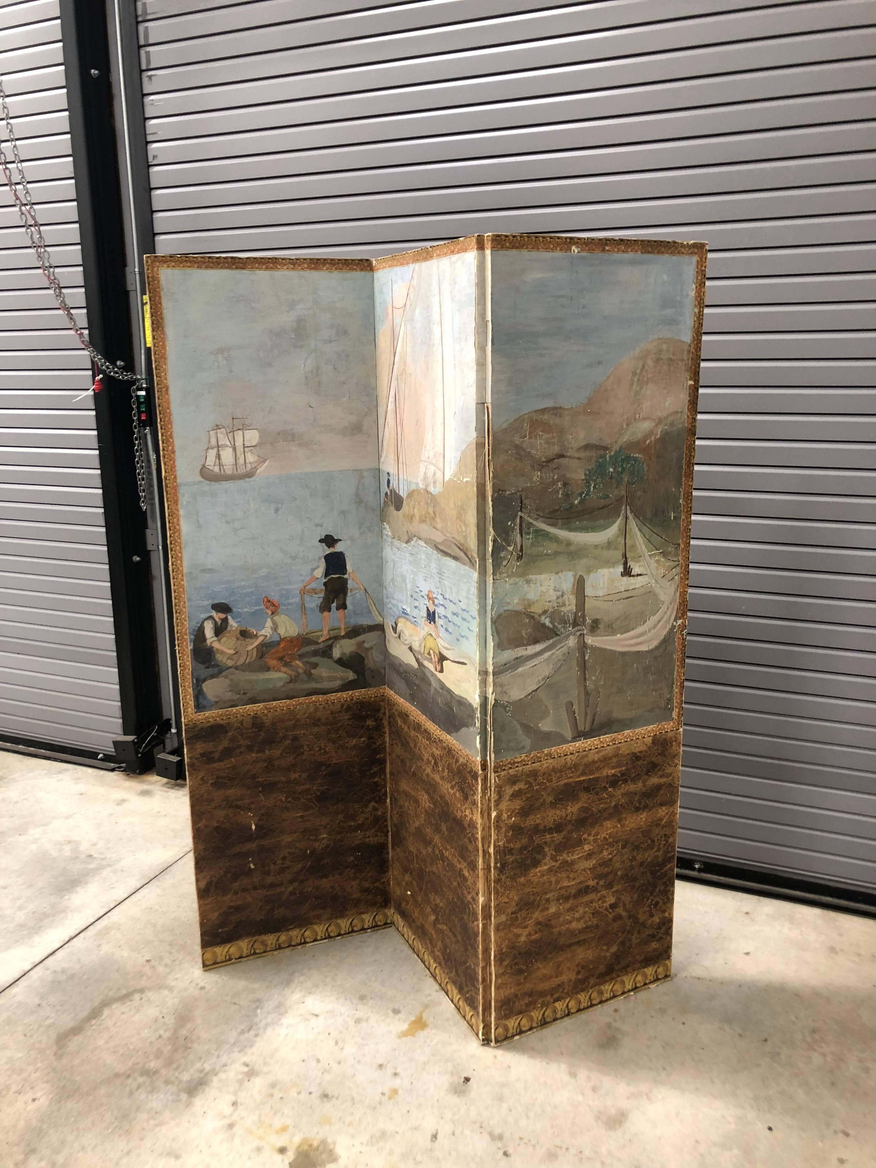 Dutch Colonial Continental Hand-Painted Folding Screen For Sale