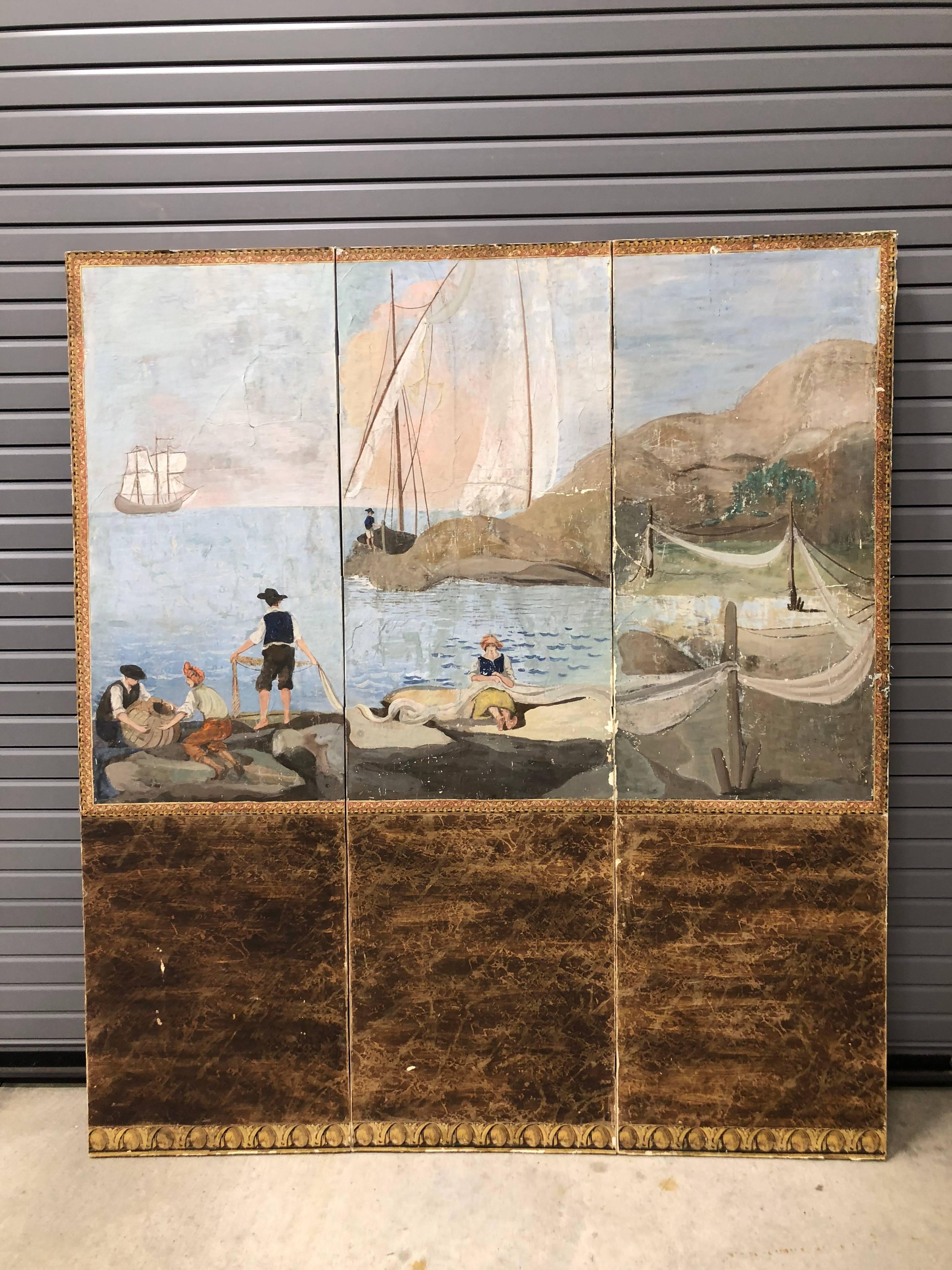 Continental Hand-Painted Folding Screen In Good Condition For Sale In Southampton, NY