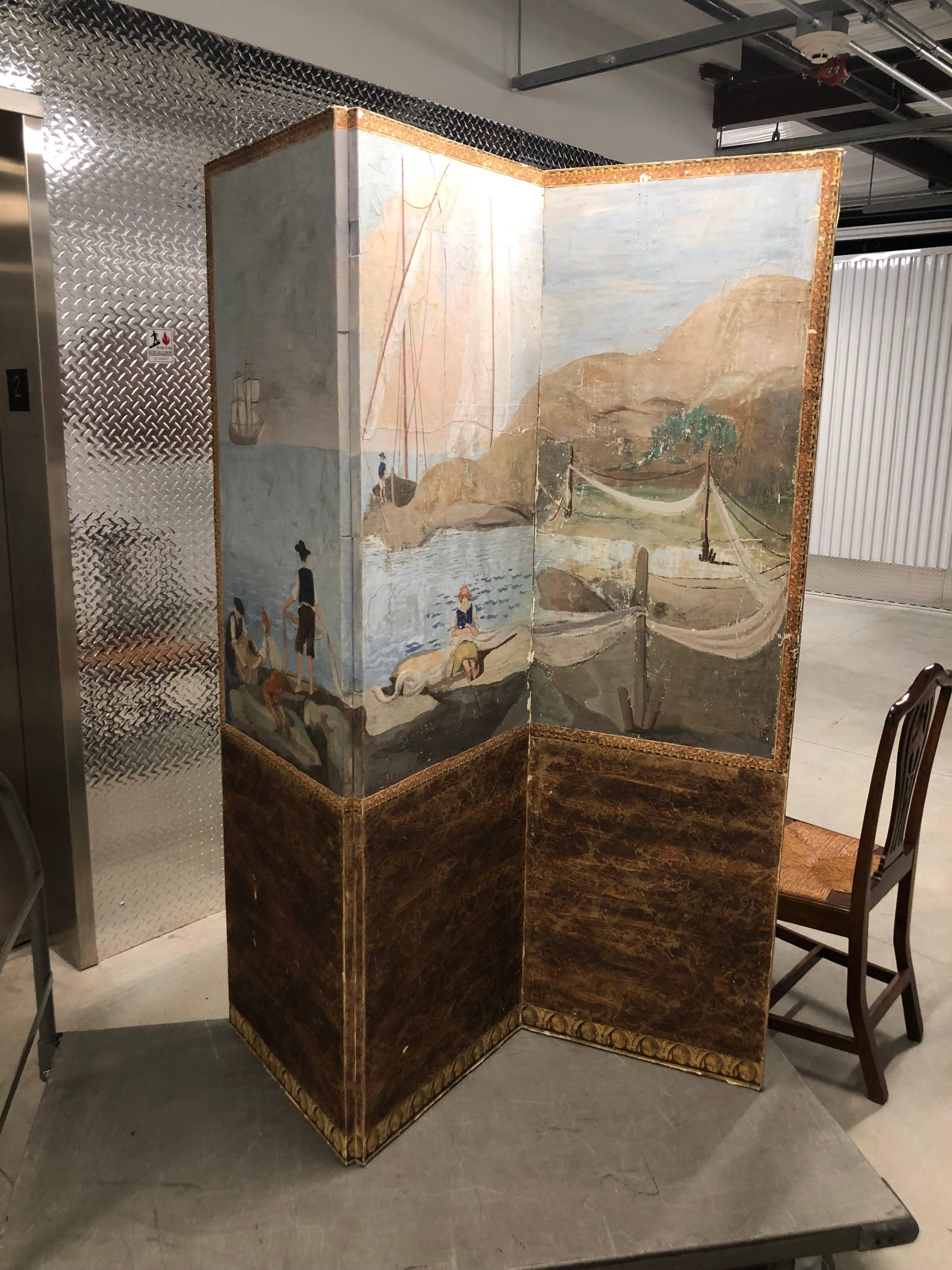 20th Century Continental Hand-Painted Folding Screen For Sale