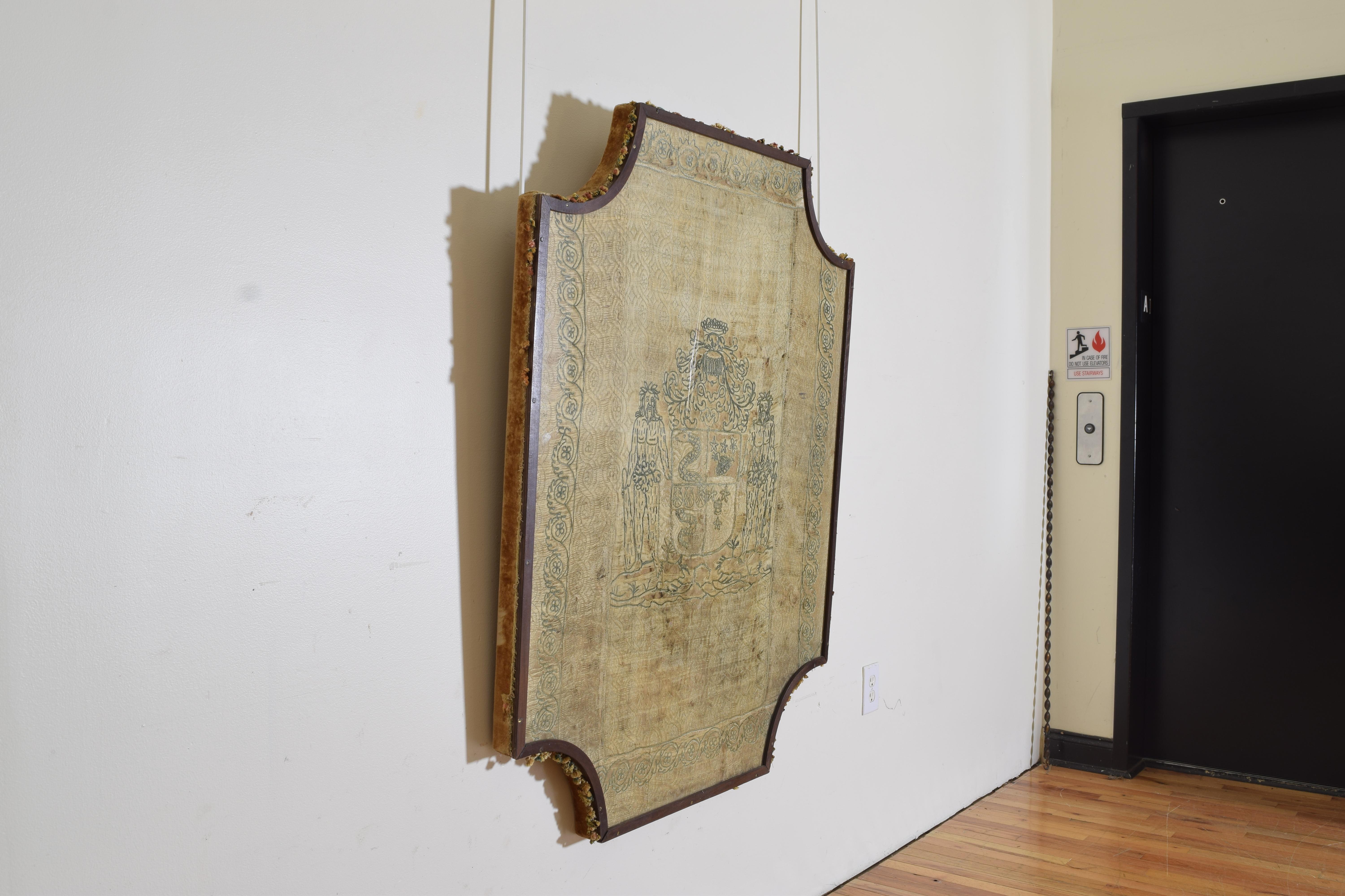 European Continental Hand Woven Framed Heraldic Wall Hanging, 18th Century