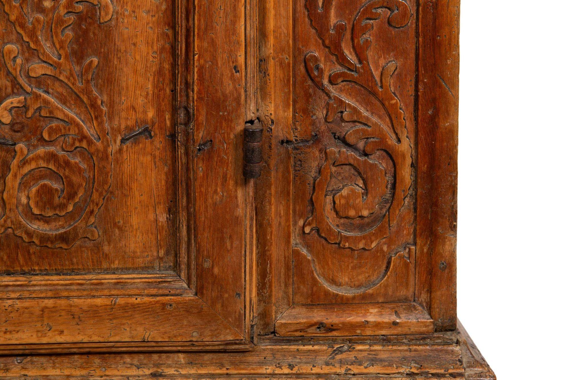Continental Heavily Worn Carved One-Door Cupboard Cabinet of Small Size For Sale 13