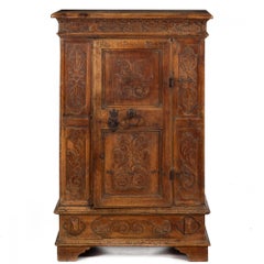 Continental Heavily Worn Carved One-Door Cupboard Cabinet of Small Size