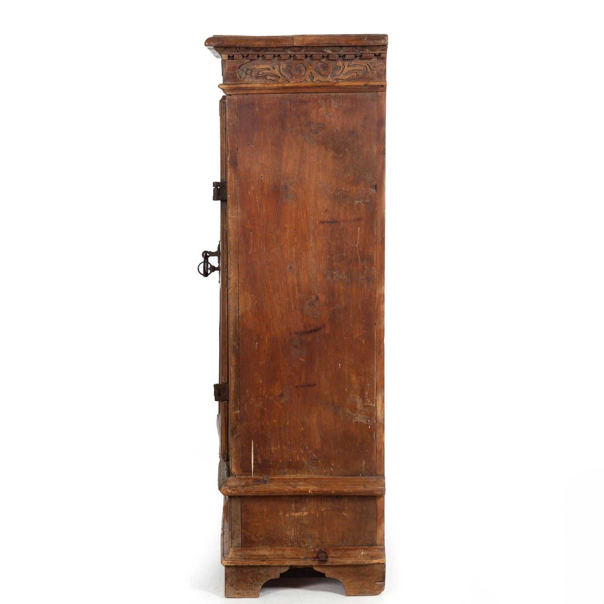 Wood Continental Heavily Worn Carved One-Door Cupboard Cabinet of Small Size For Sale