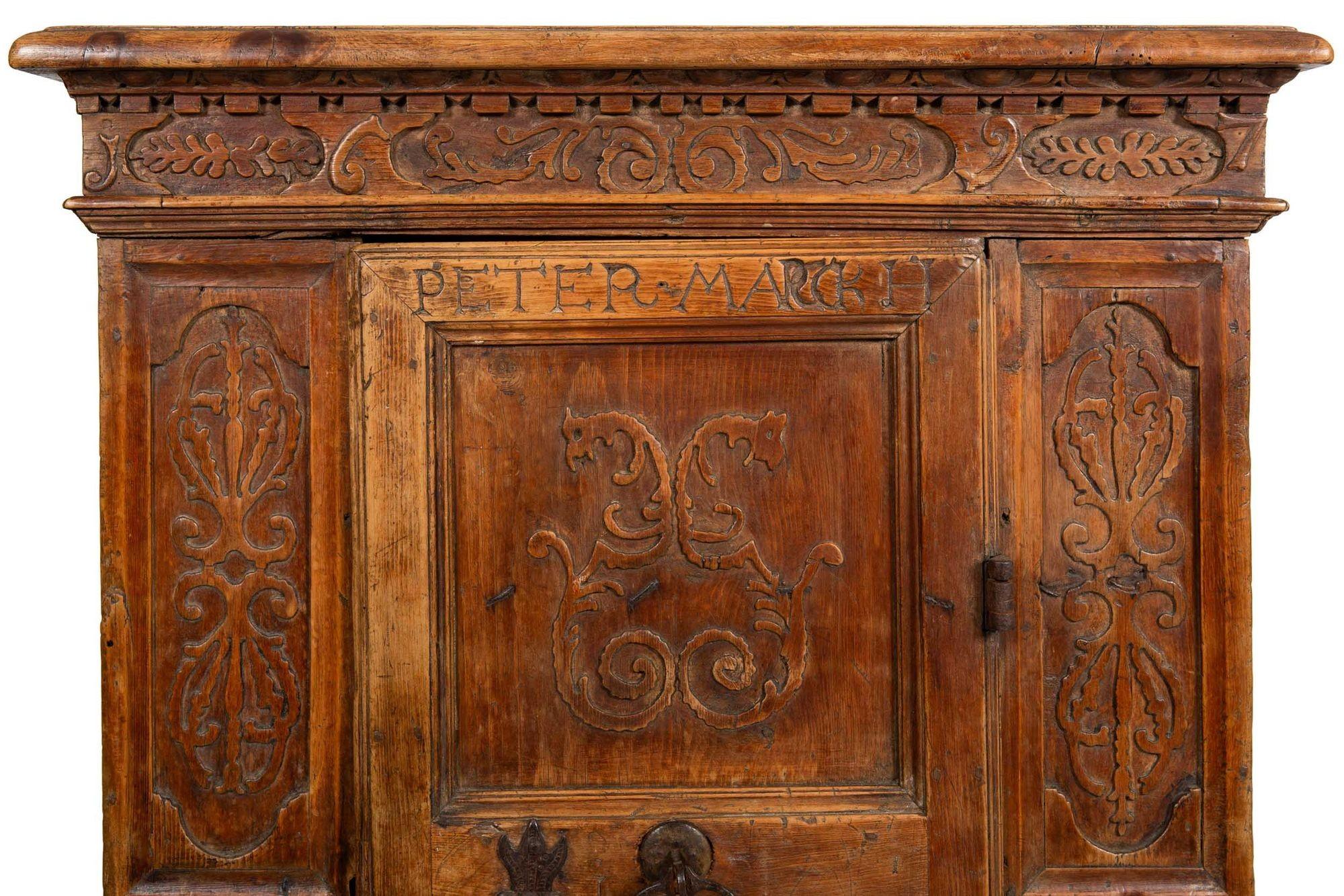 Continental Heavily Worn Carved One-Door Cupboard Cabinet of Small Size For Sale 1