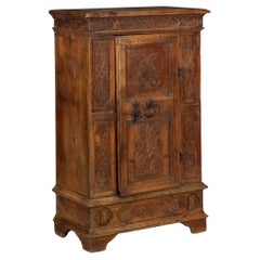 Used Continental Heavily Worn Carved One-Door Cupboard Cabinet of Small Size