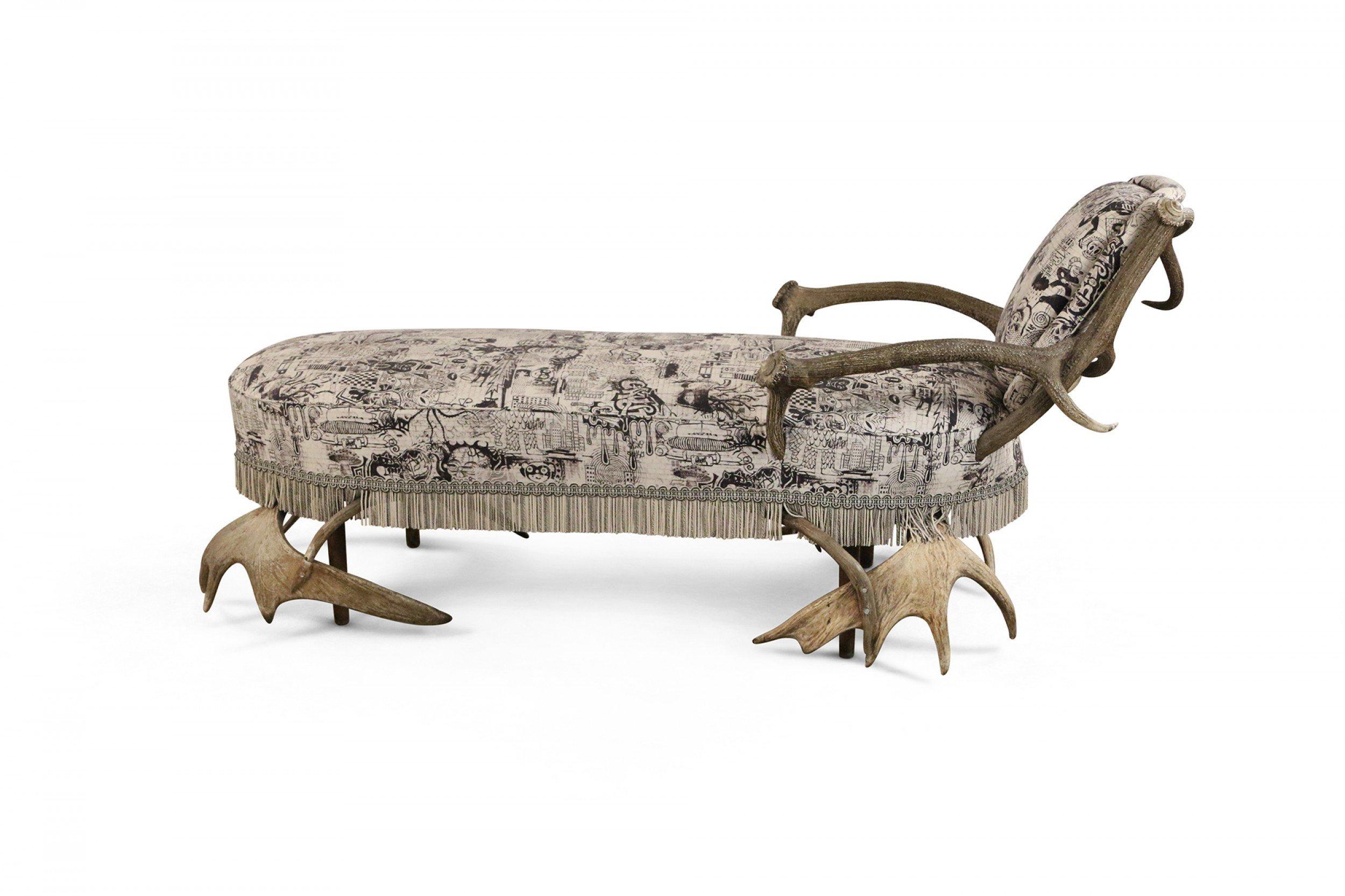 Continental Horn and Antler Velvet Chaise For Sale 3