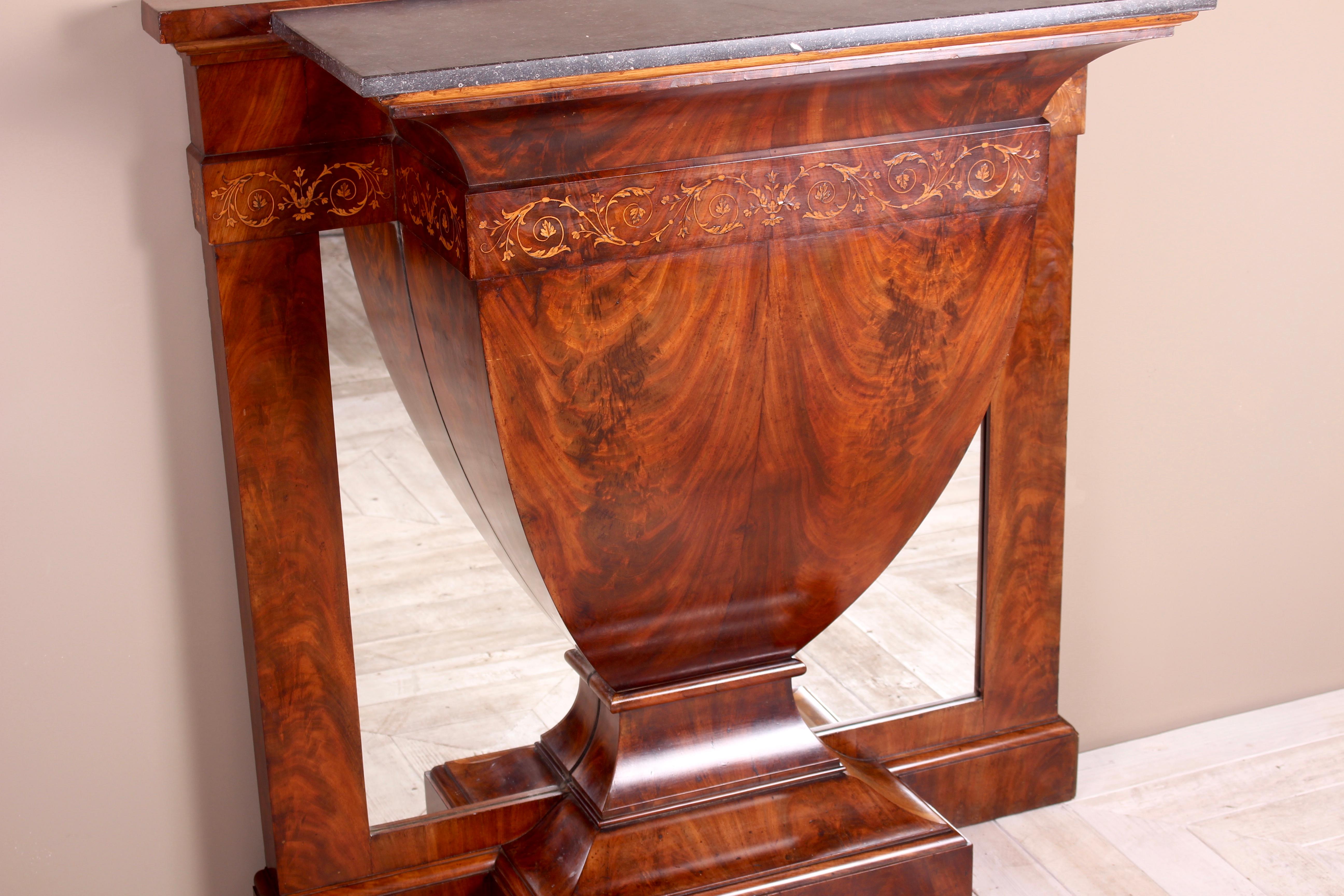 European Continental Inlaid Mahogany Marble-Topped Console Table, circa 1900 For Sale