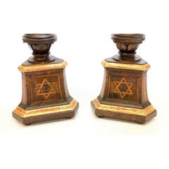 Continental Inlaid Wood Sabbath Candlesticsk Holders with Star of David Judaica