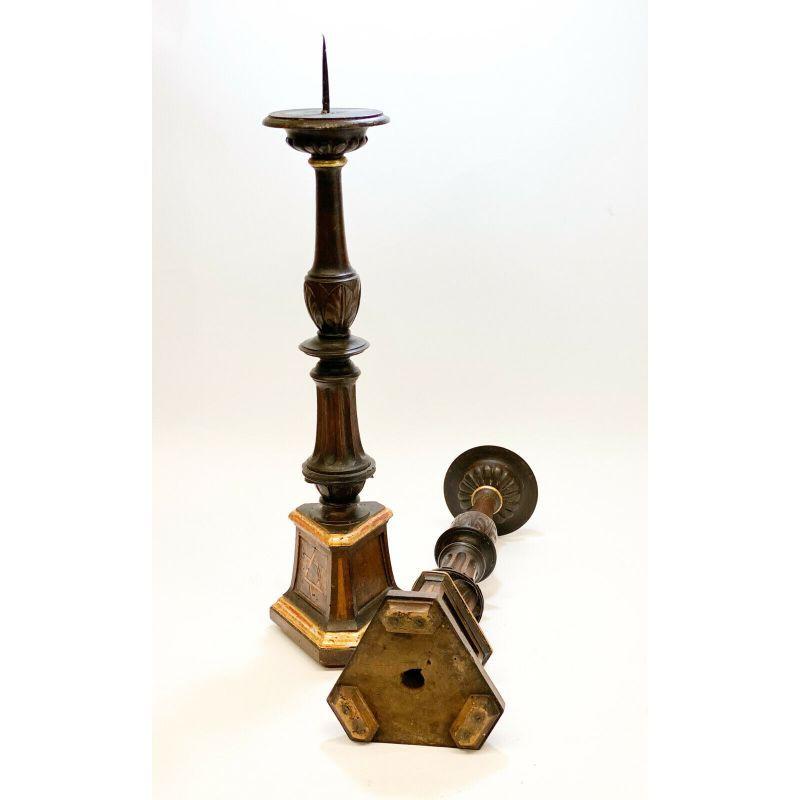 19th Century Continental Inlaid Wood Sabbath Candlesticsk Holders with Star of David Judaica For Sale