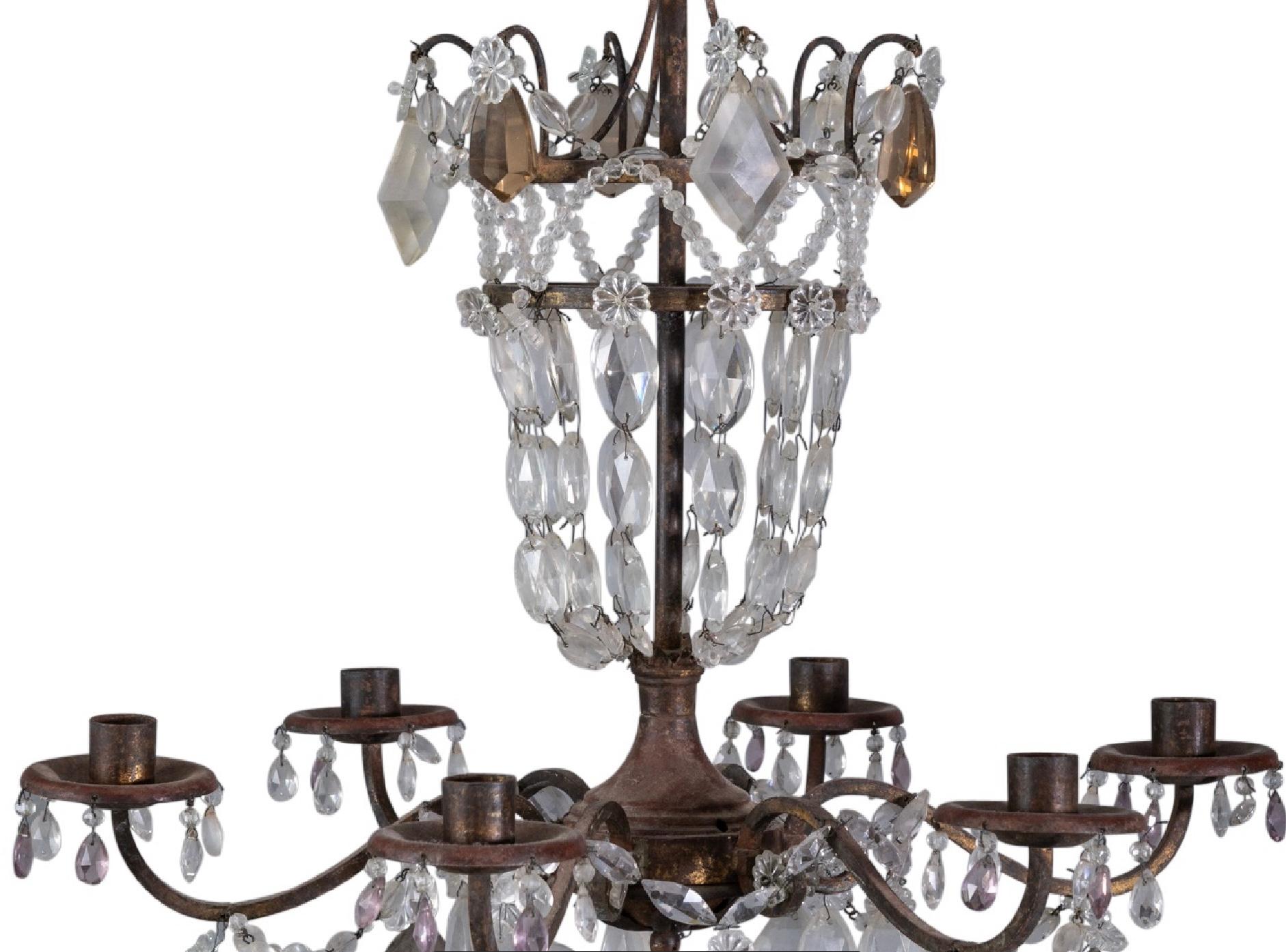 Louis XV Continental Iron and Cut Glass Six-Light Chandelier For Sale