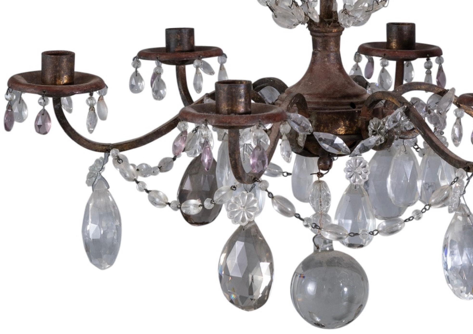 20th Century Continental Iron and Cut Glass Six-Light Chandelier For Sale
