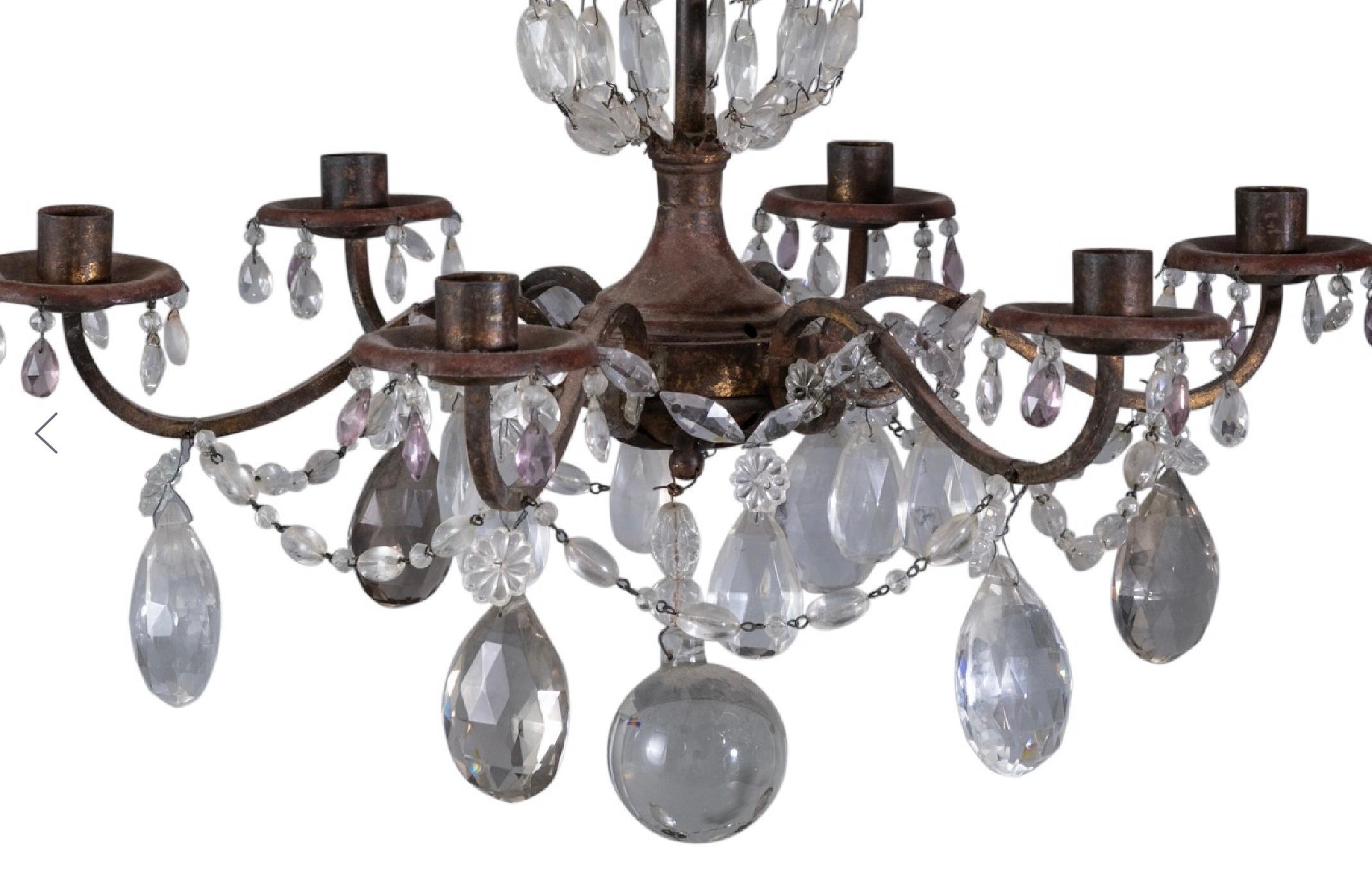 Crystal Continental Iron and Cut Glass Six-Light Chandelier For Sale