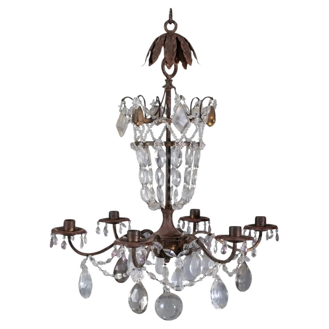 Continental Iron and Cut Glass Six-Light Chandelier