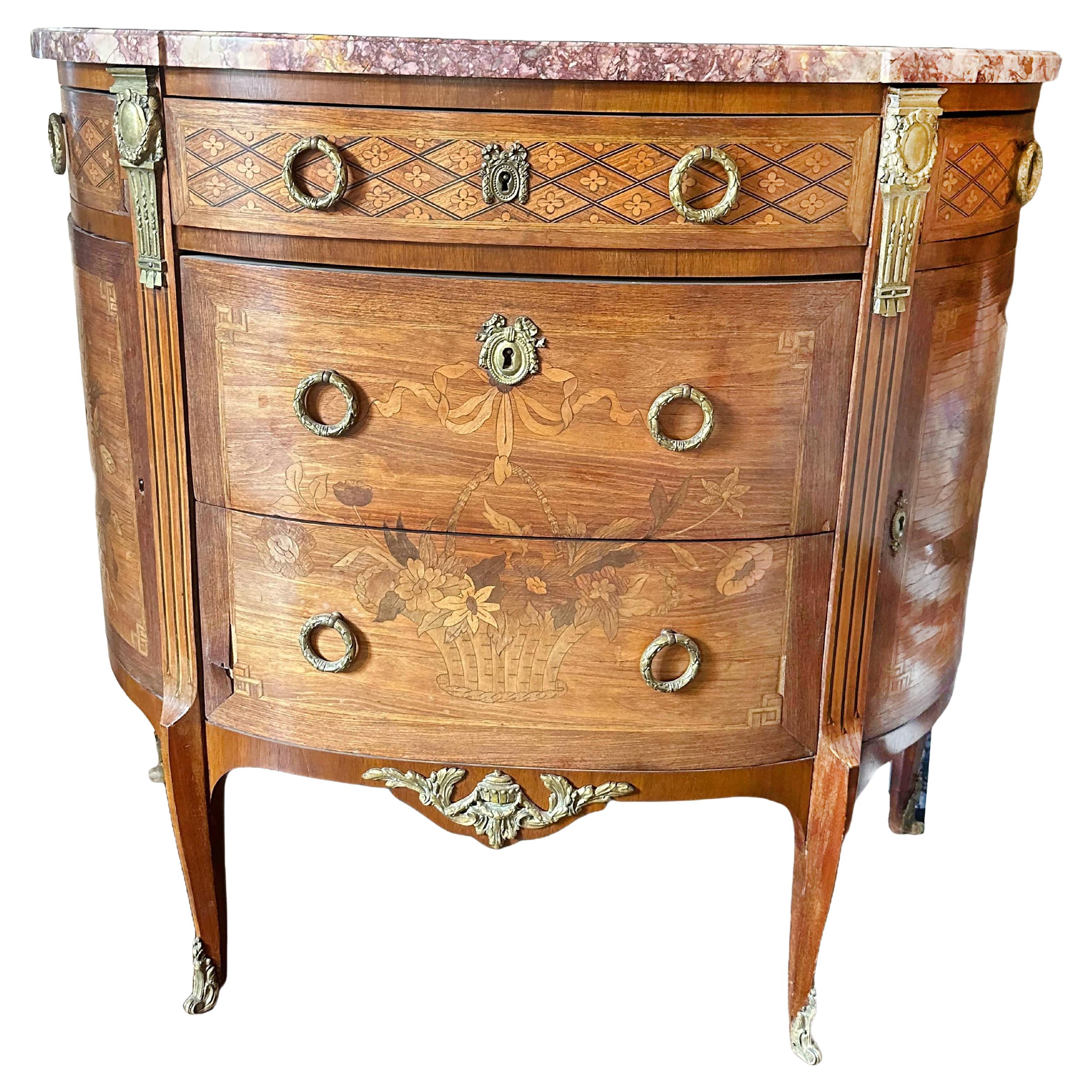 Continental Kingswood Marquetry Demi-lune Commode with Original Marble Top