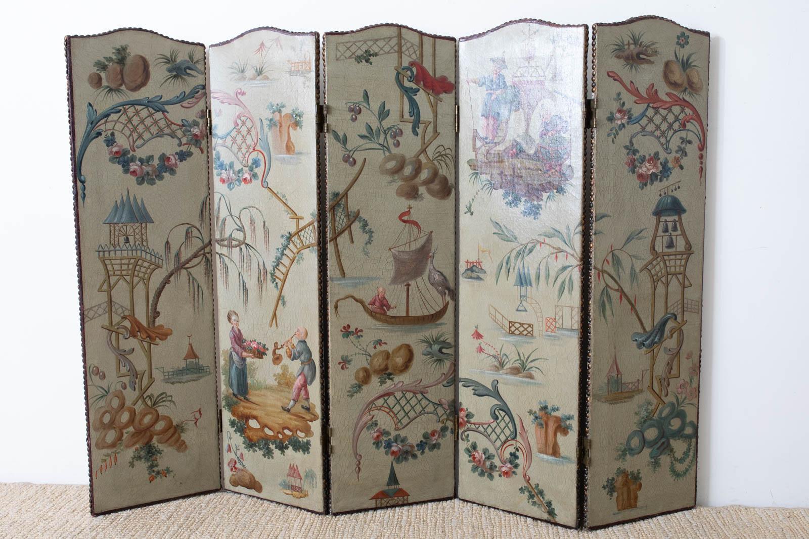 Italian Continental Lacquered Chinoiserie Five-Panel Folding Screen