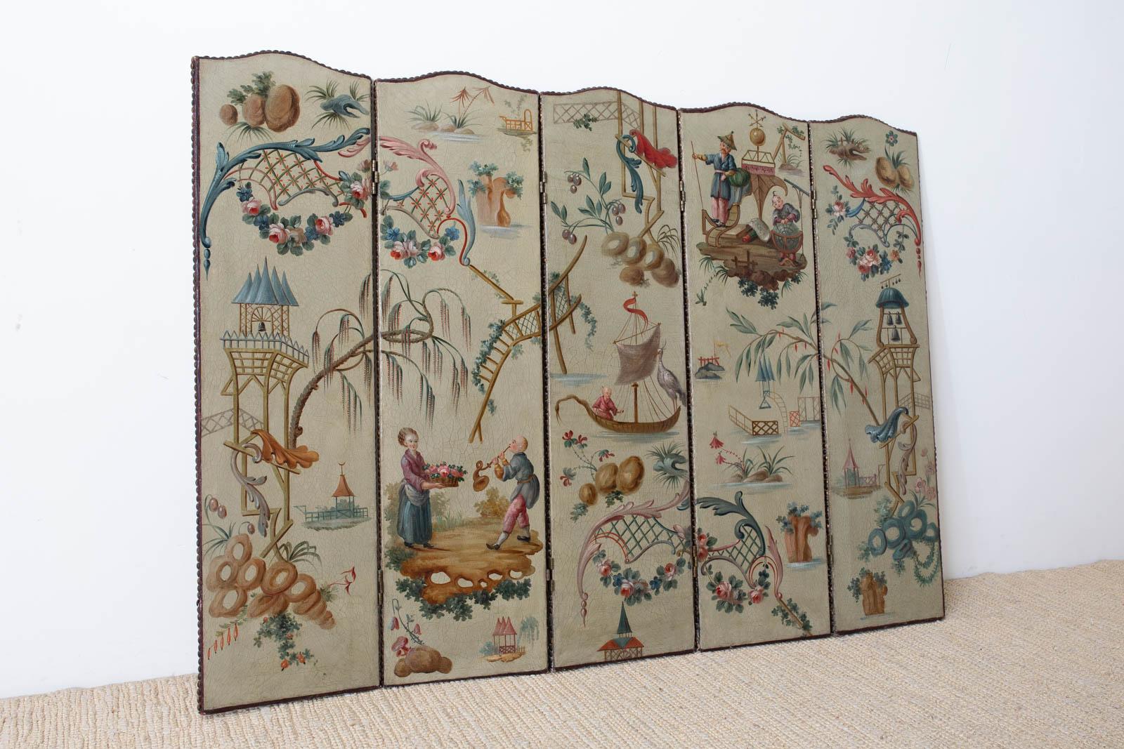 Hand-Crafted Continental Lacquered Chinoiserie Five-Panel Folding Screen