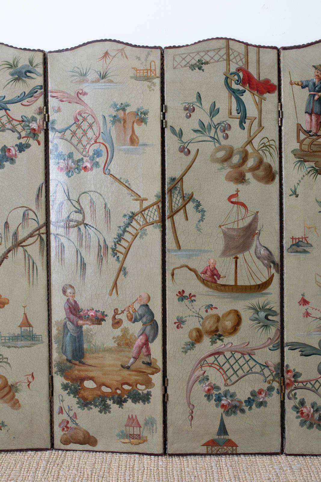20th Century Continental Lacquered Chinoiserie Five-Panel Folding Screen