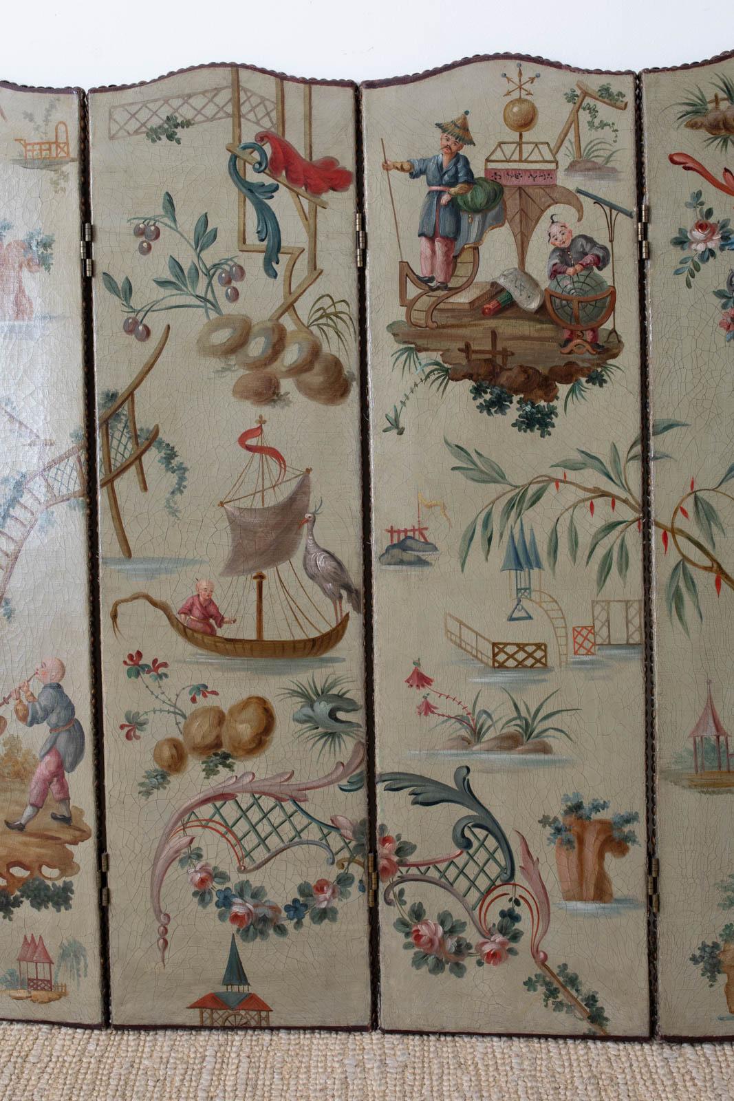 Canvas Continental Lacquered Chinoiserie Five-Panel Folding Screen