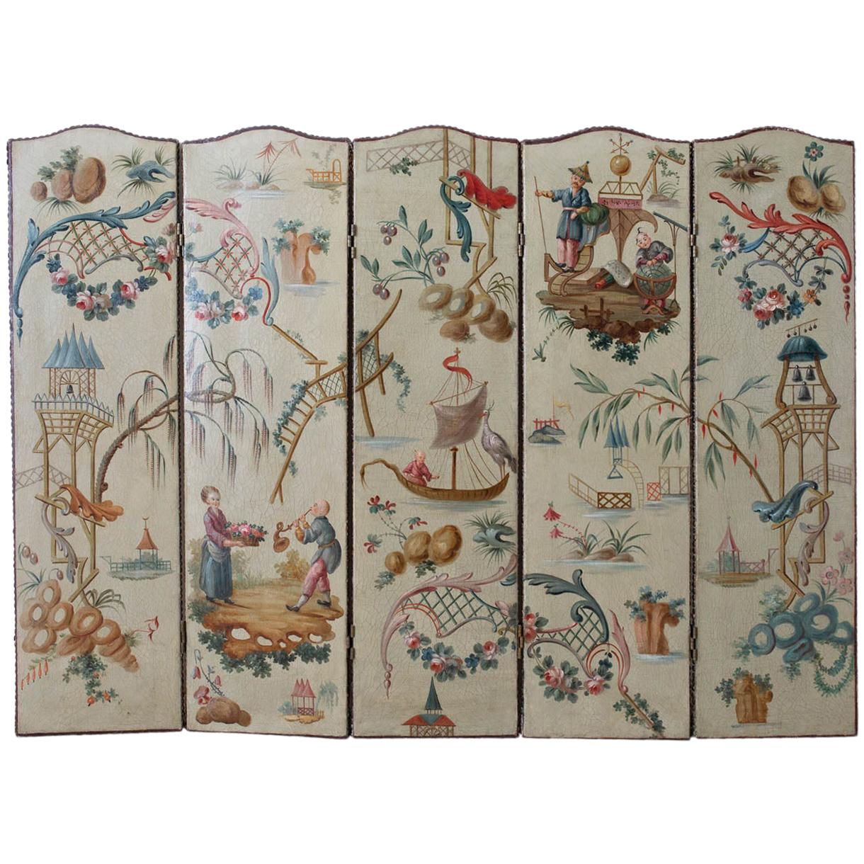Continental Lacquered Chinoiserie Five-Panel Folding Screen