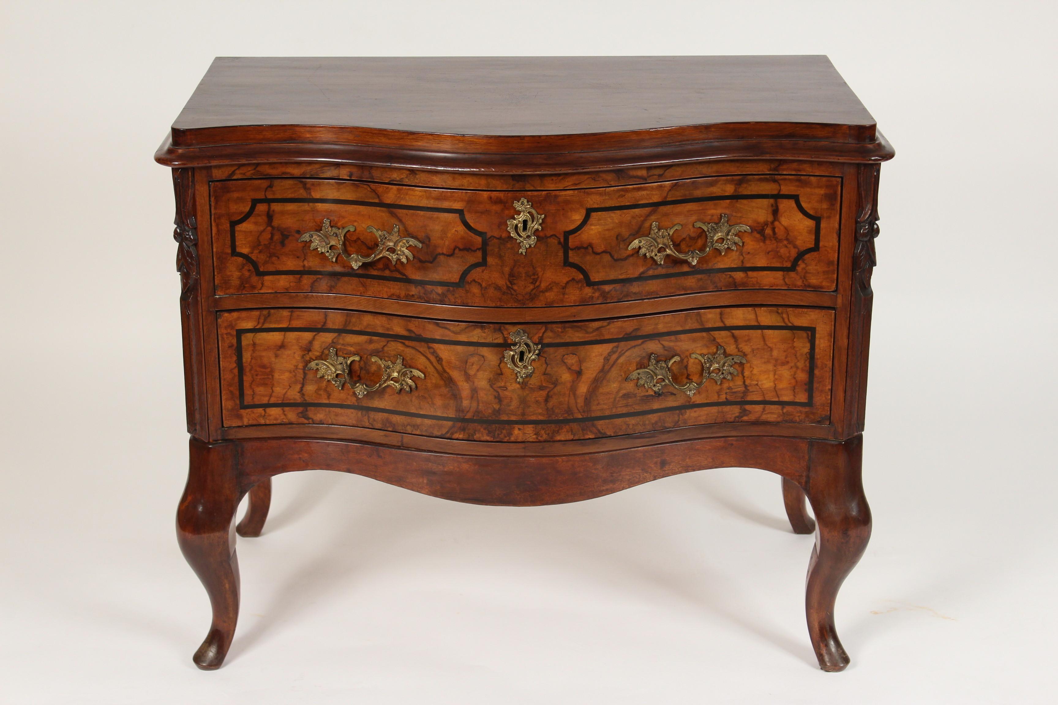 Continental Louis XV walnut and burl walnut two-drawer chest of drawers, late 18th century.