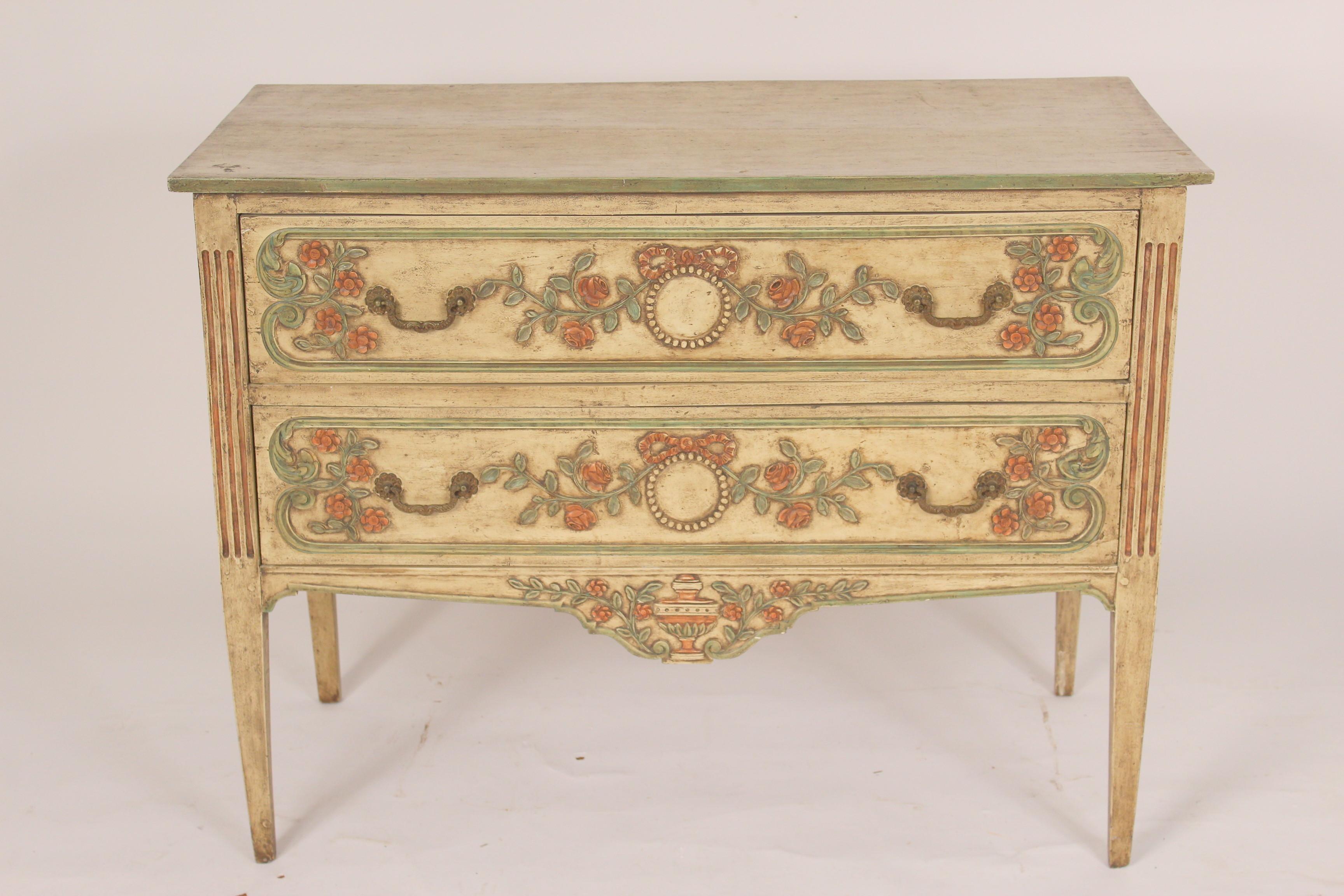 Continental (probably Italian) Louis XVI style painted chest of drawers, circa 1950's. Hand dovetailed drawer construction and mortise tenon and dowel construction.
