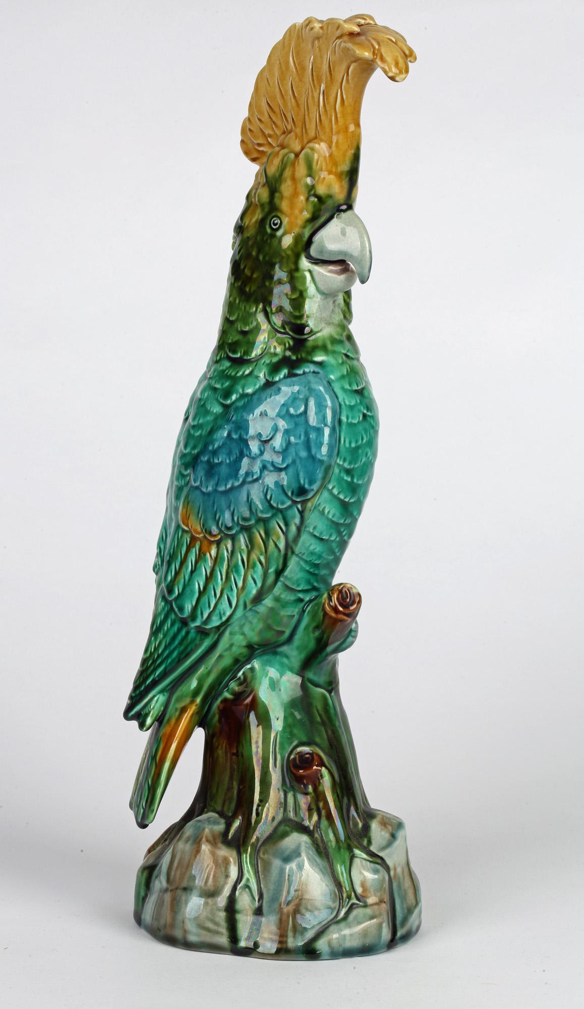Continental Majolica Pottery Figure of a Cockatoo on a Perch 3